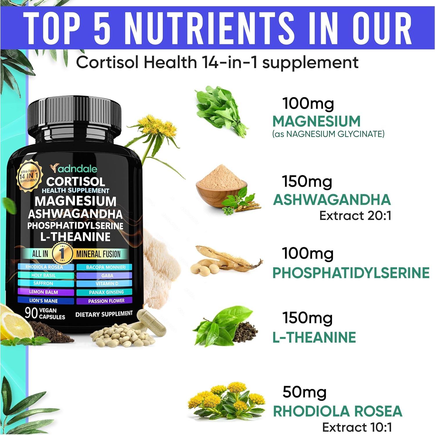 Suplemento de Cortisol Adndale 14 en 1 con Ashwagandha 90 Cápsulas