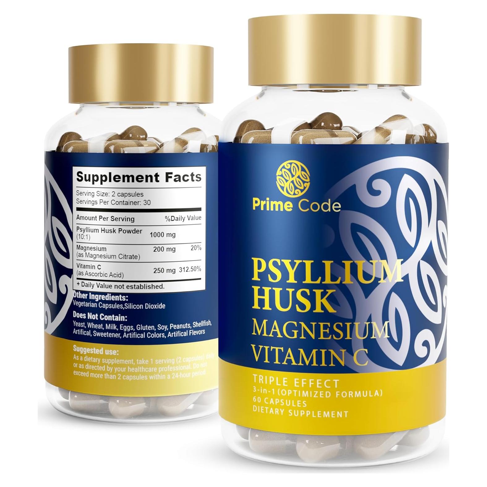 Cápsulas de Psyllium Prime Code 1000mg + Magnesio 200mg + Vitamina C 250mg - Vegano, Sin Gluten