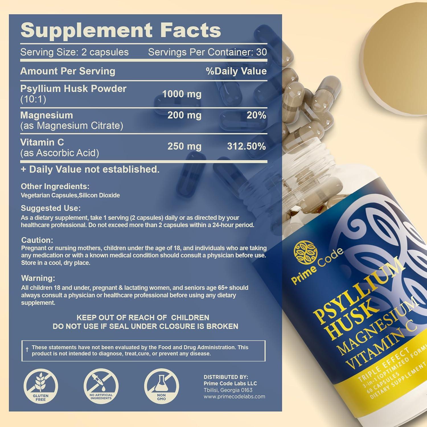 Cápsulas de Psyllium Prime Code 1000mg + Magnesio 200mg + Vitamina C 250mg - Vegano, Sin Gluten