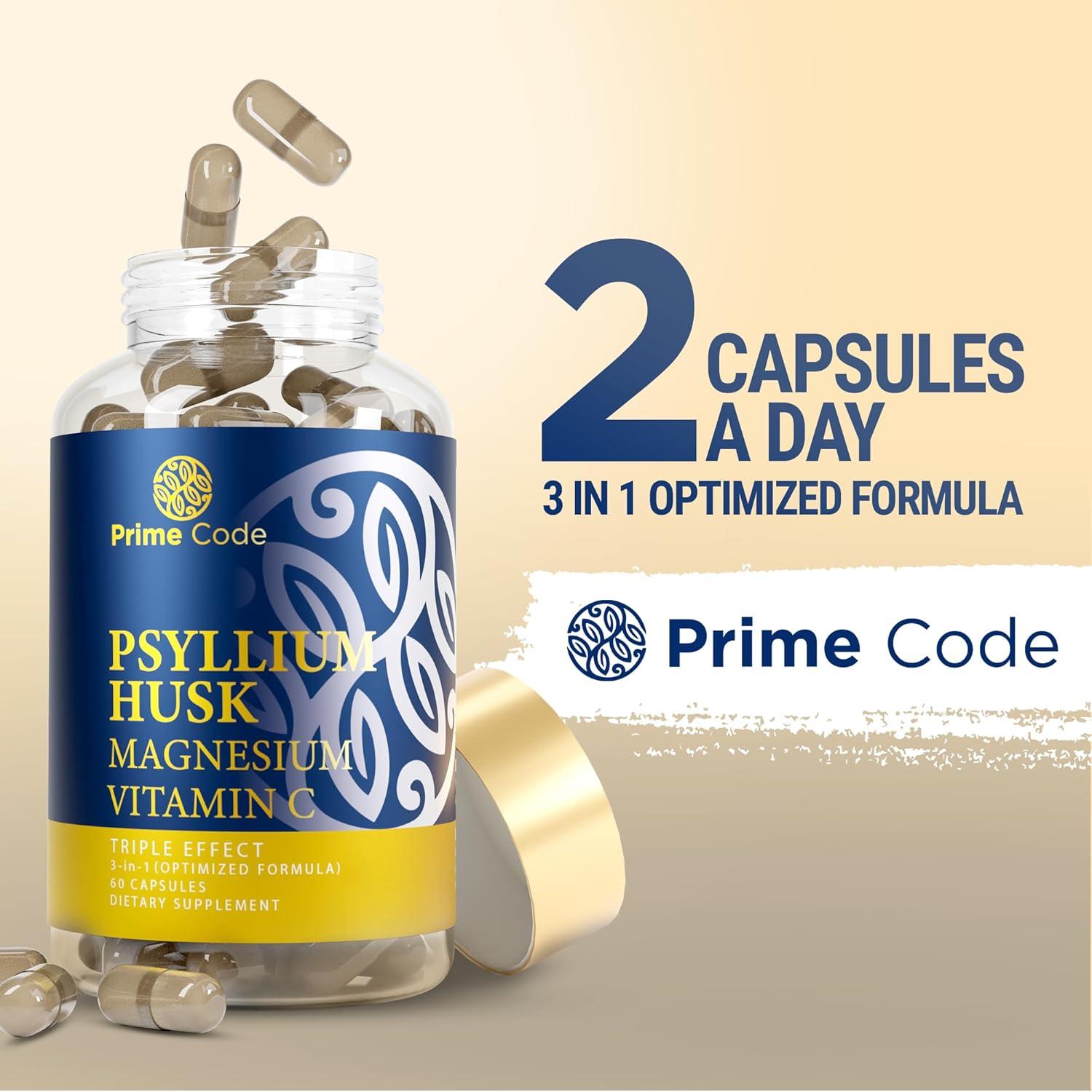 Cápsulas de Psyllium Prime Code 1000mg + Magnesio 200mg + Vitamina C 250mg - Vegano, Sin Gluten