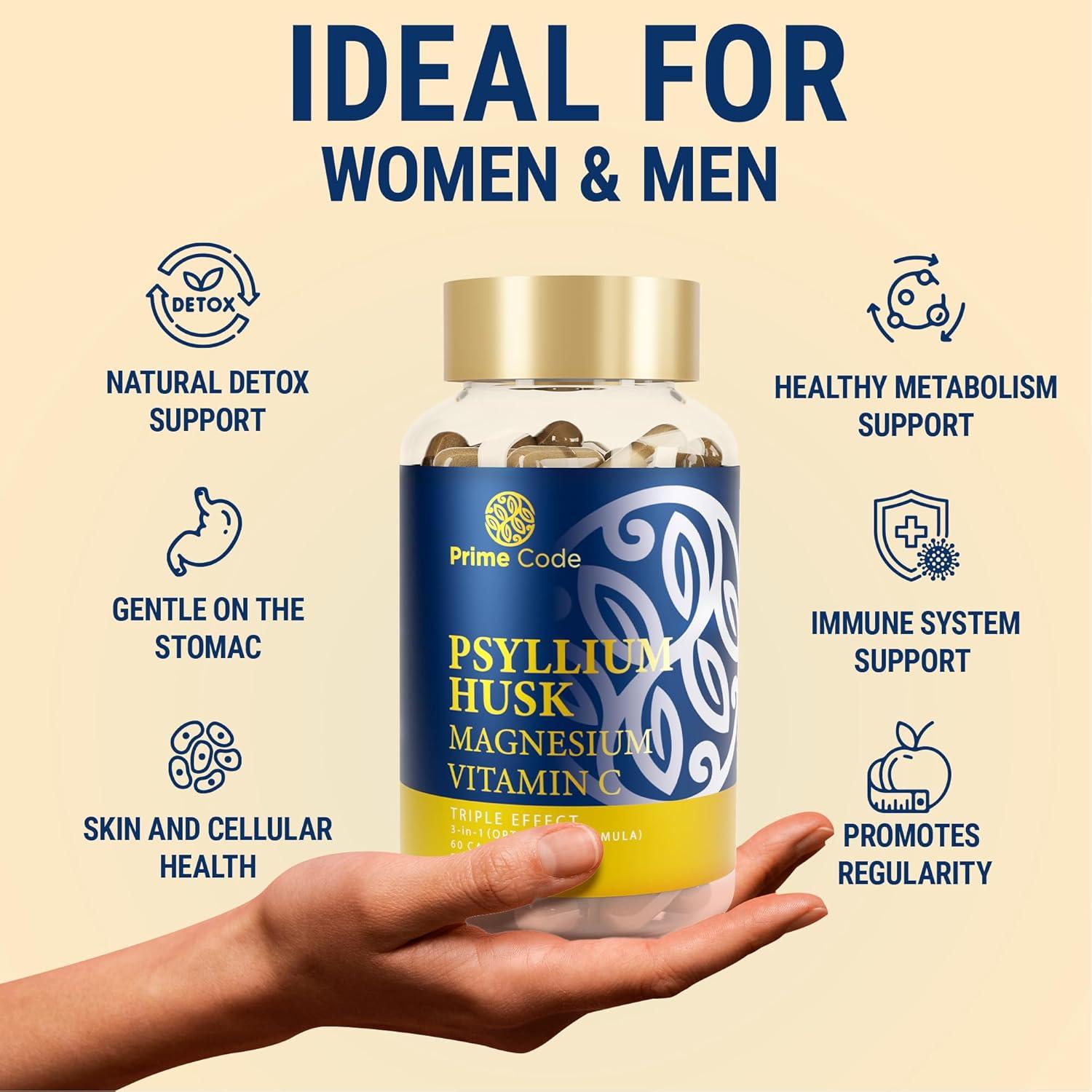 Cápsulas de Psyllium Prime Code 1000mg + Magnesio 200mg + Vitamina C 250mg - Vegano, Sin Gluten