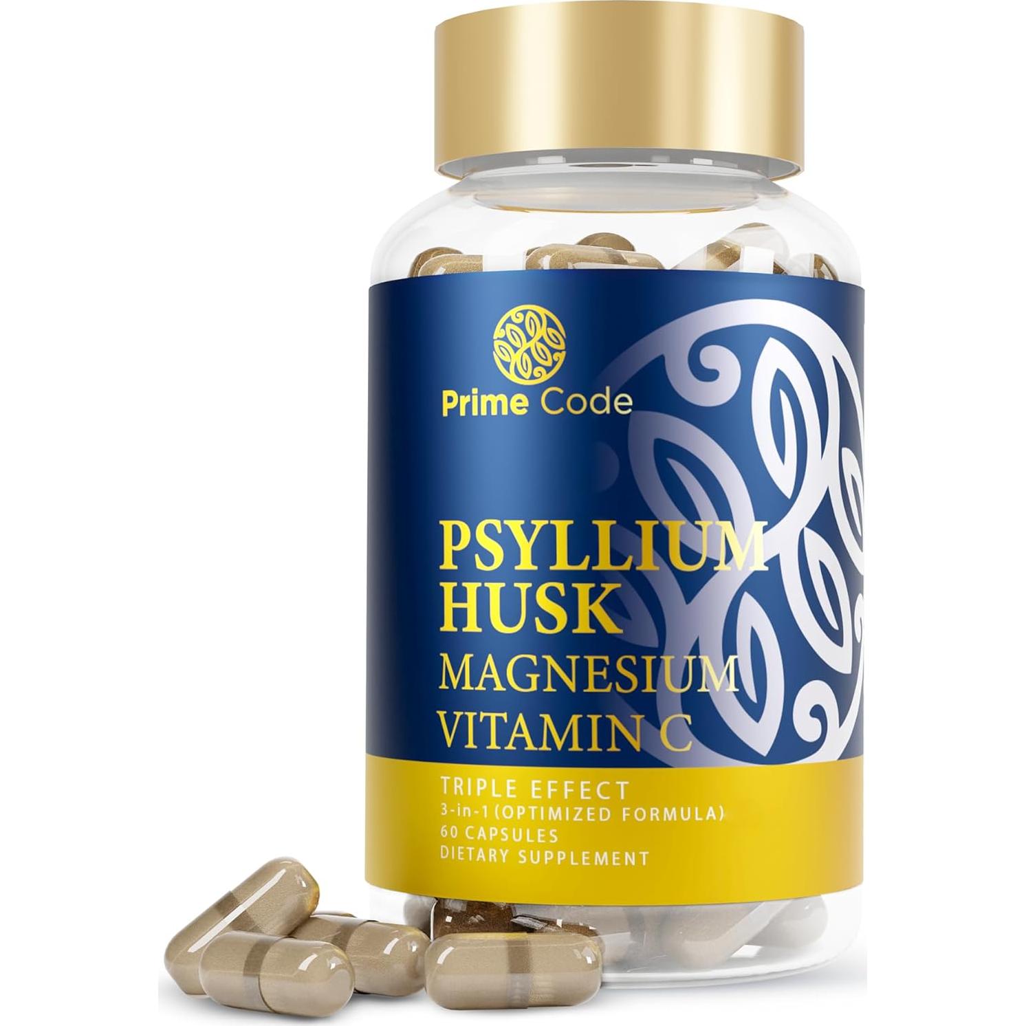 Cápsulas de Psyllium Prime Code 1000mg + Magnesio 200mg + Vitamina C 250mg - Vegano, Sin Gluten