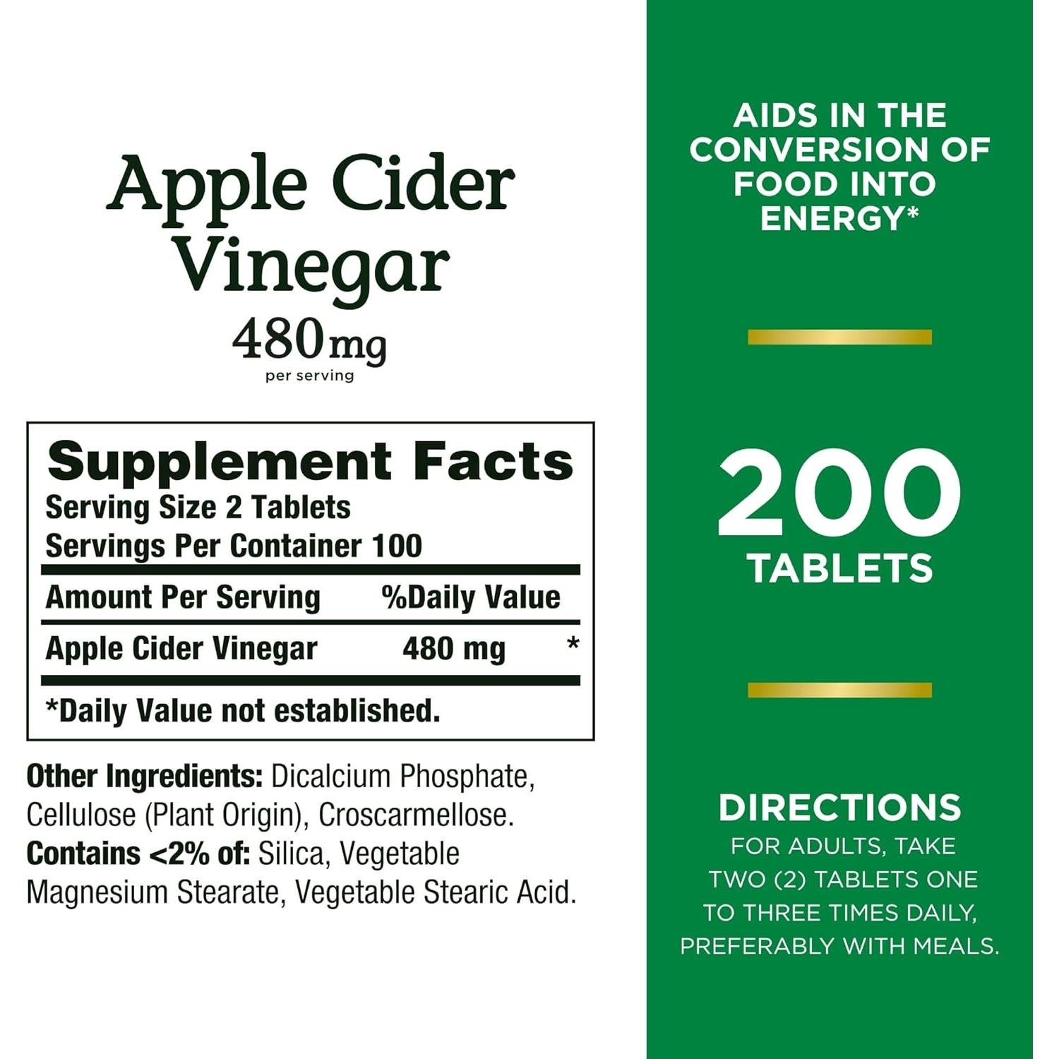Vinagre de Sidra de Manzana Nature's Bounty 480mg 200 Tabletas