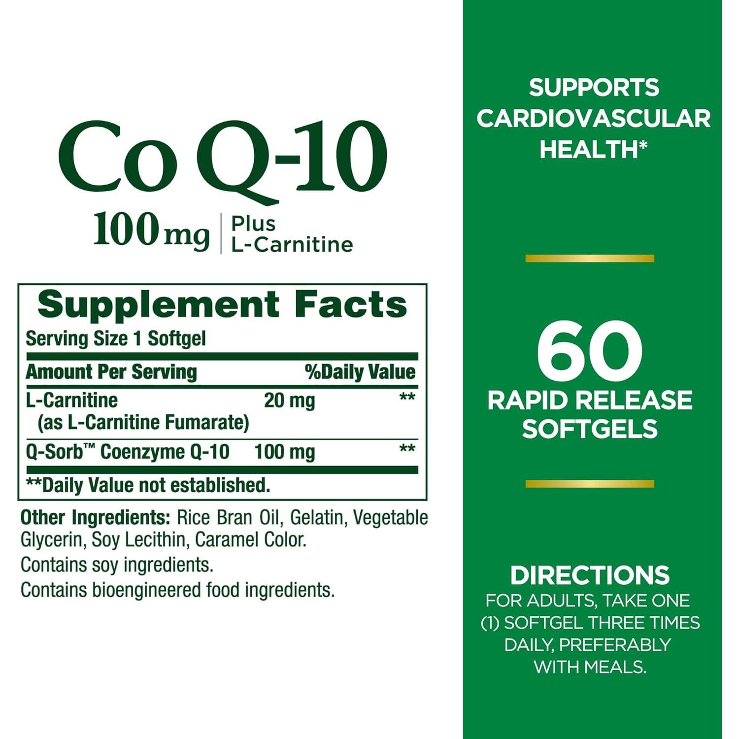 CoQ10 Nature's Bounty 100mg + L-Carnitina 60 Gelatinas Blandas