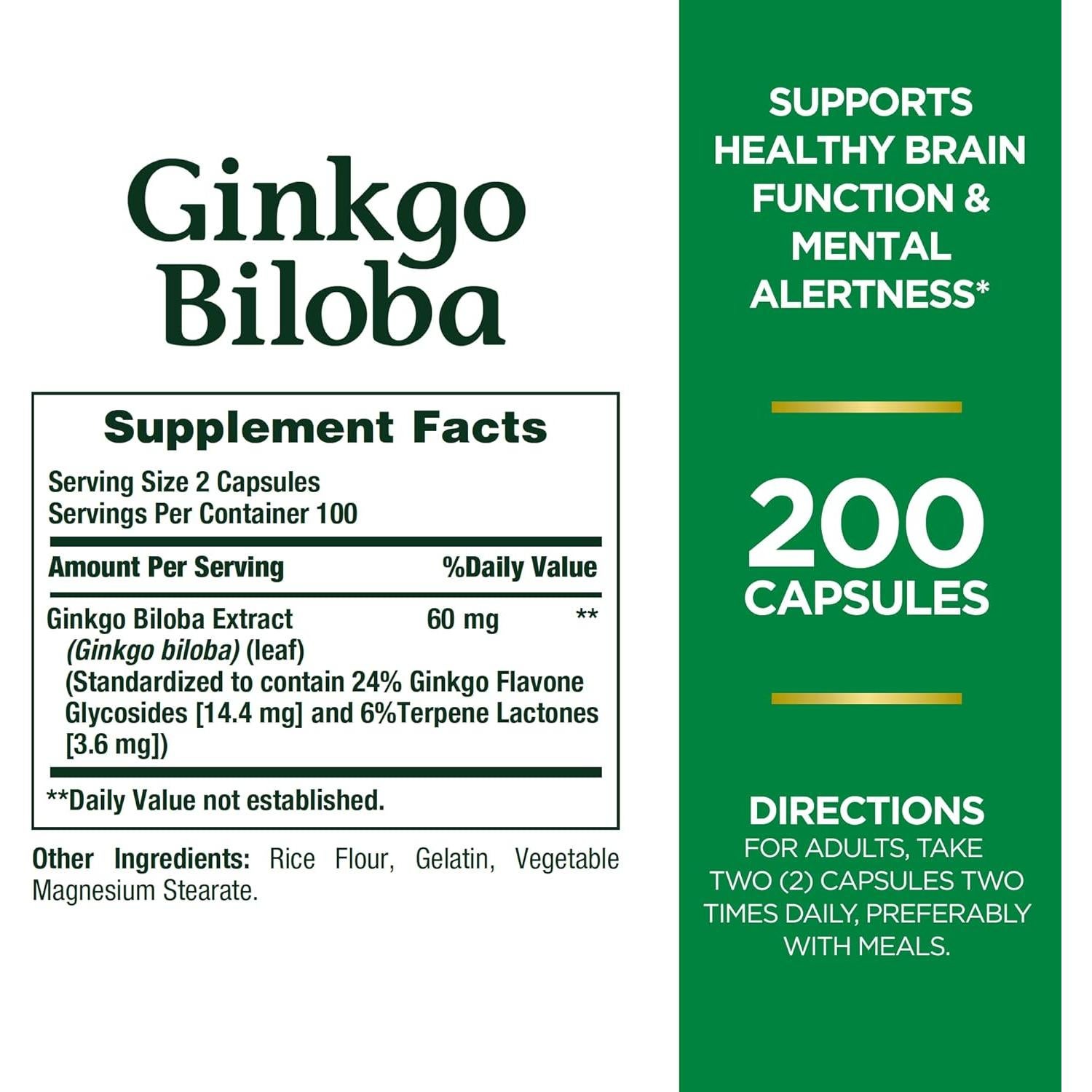Nature's Bounty Ginkgo Biloba 60 mg 200 Cápsulas Suplemento