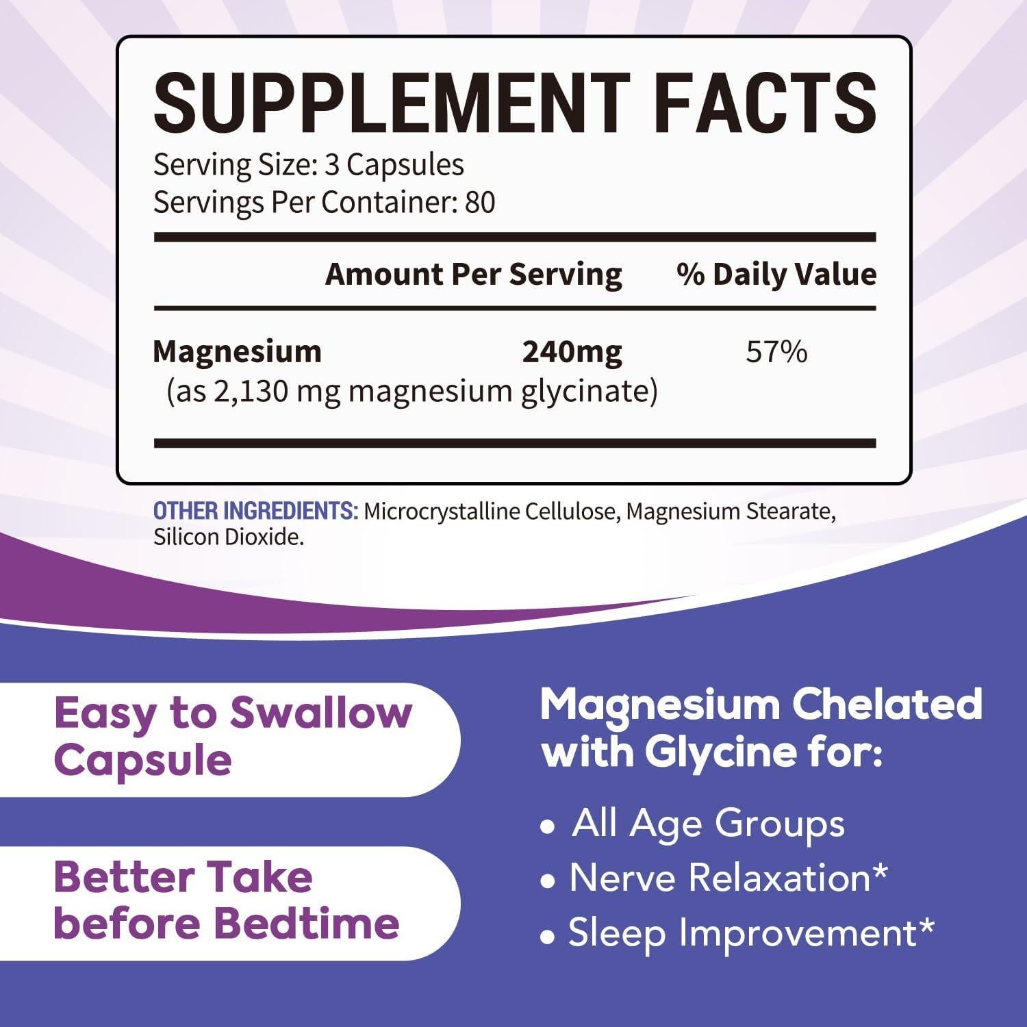 Suplemento de Glicinato de Magnesio Surebounty 240 Cápsulas