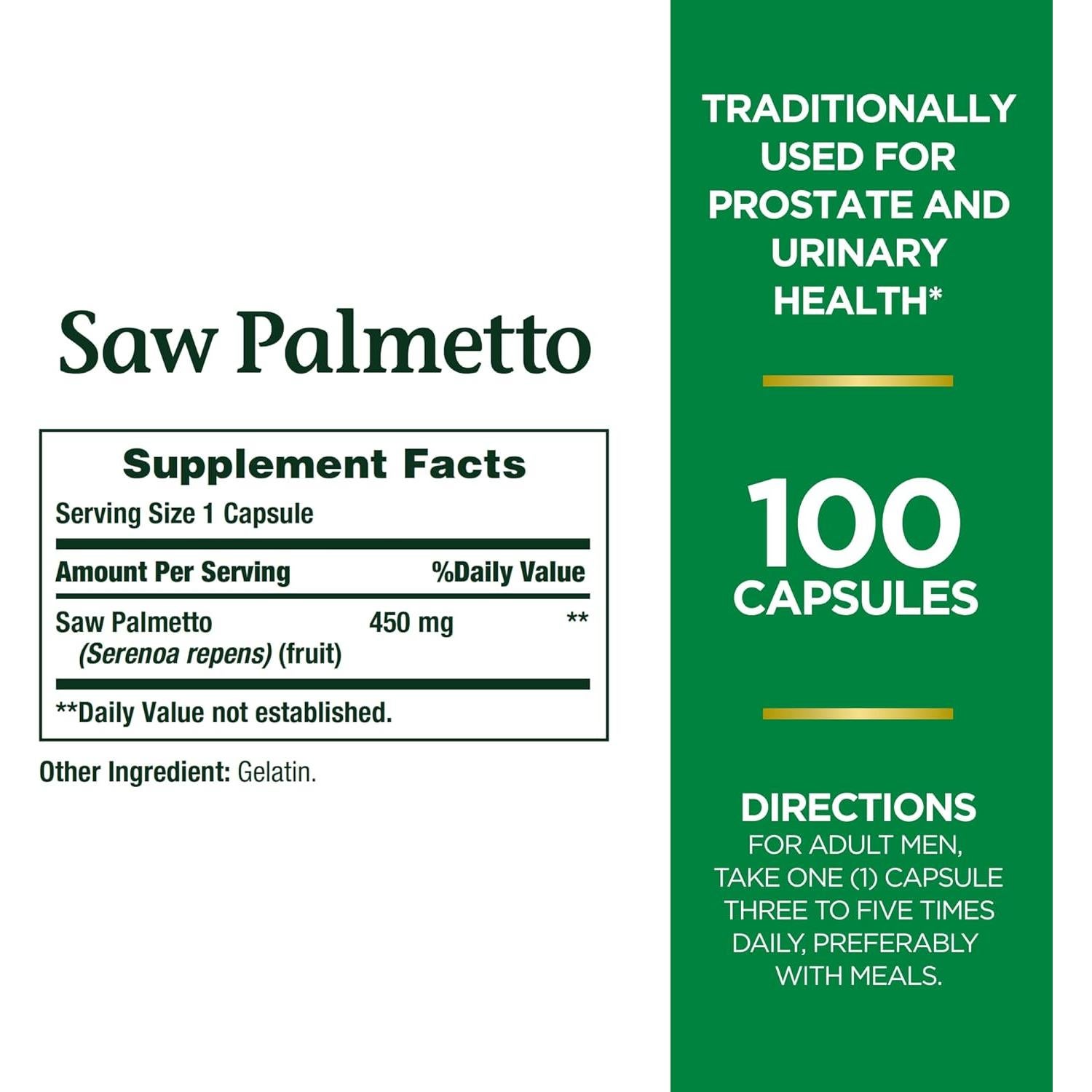 Suplemento Herbal Saw Palmetto Nature's Bounty 450 mg 100 Cápsulas