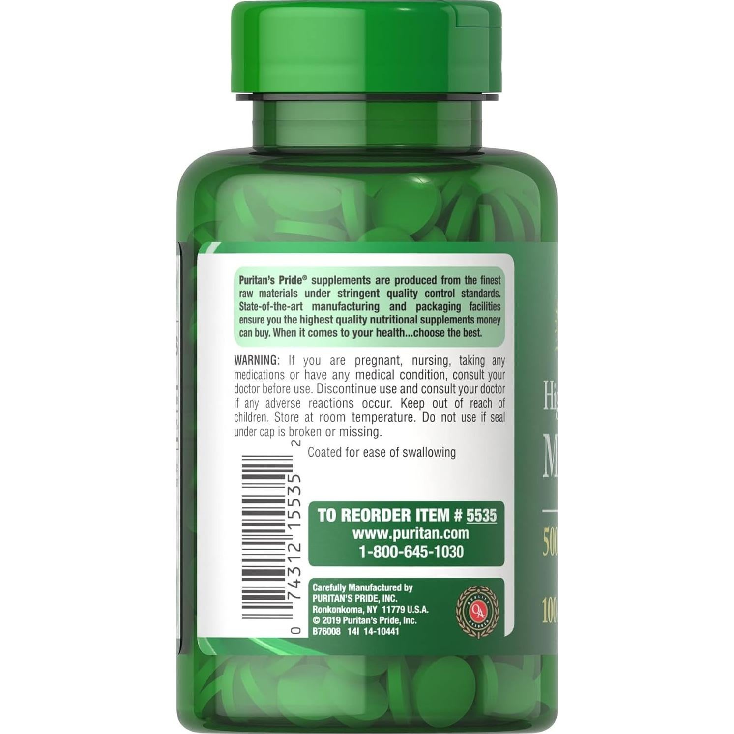 Magnesio Puritan's Pride 500 mg 100 Tabletas Salud Ósea