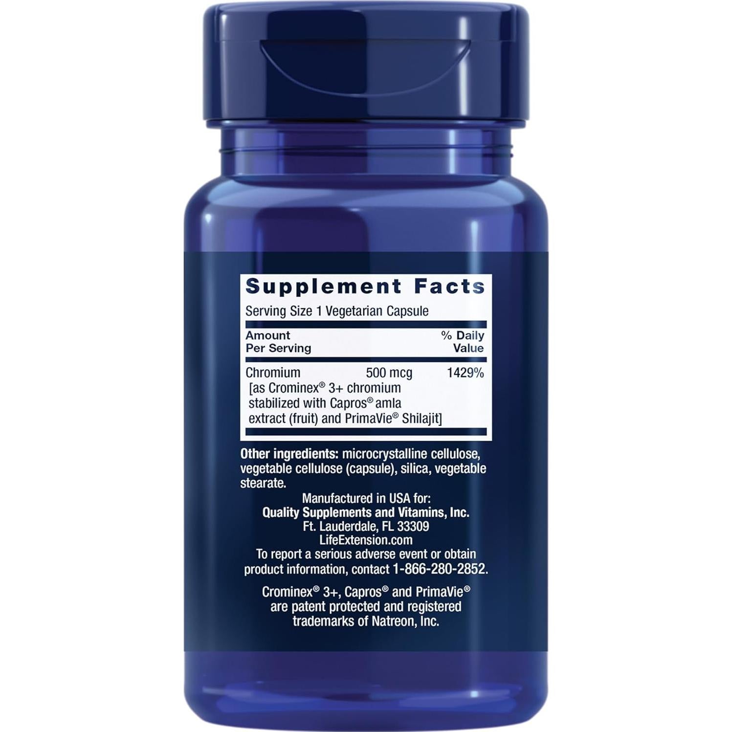 Suplemento de Cromo Life Extension 500 mcg 60 Cápsulas Vegetarianas