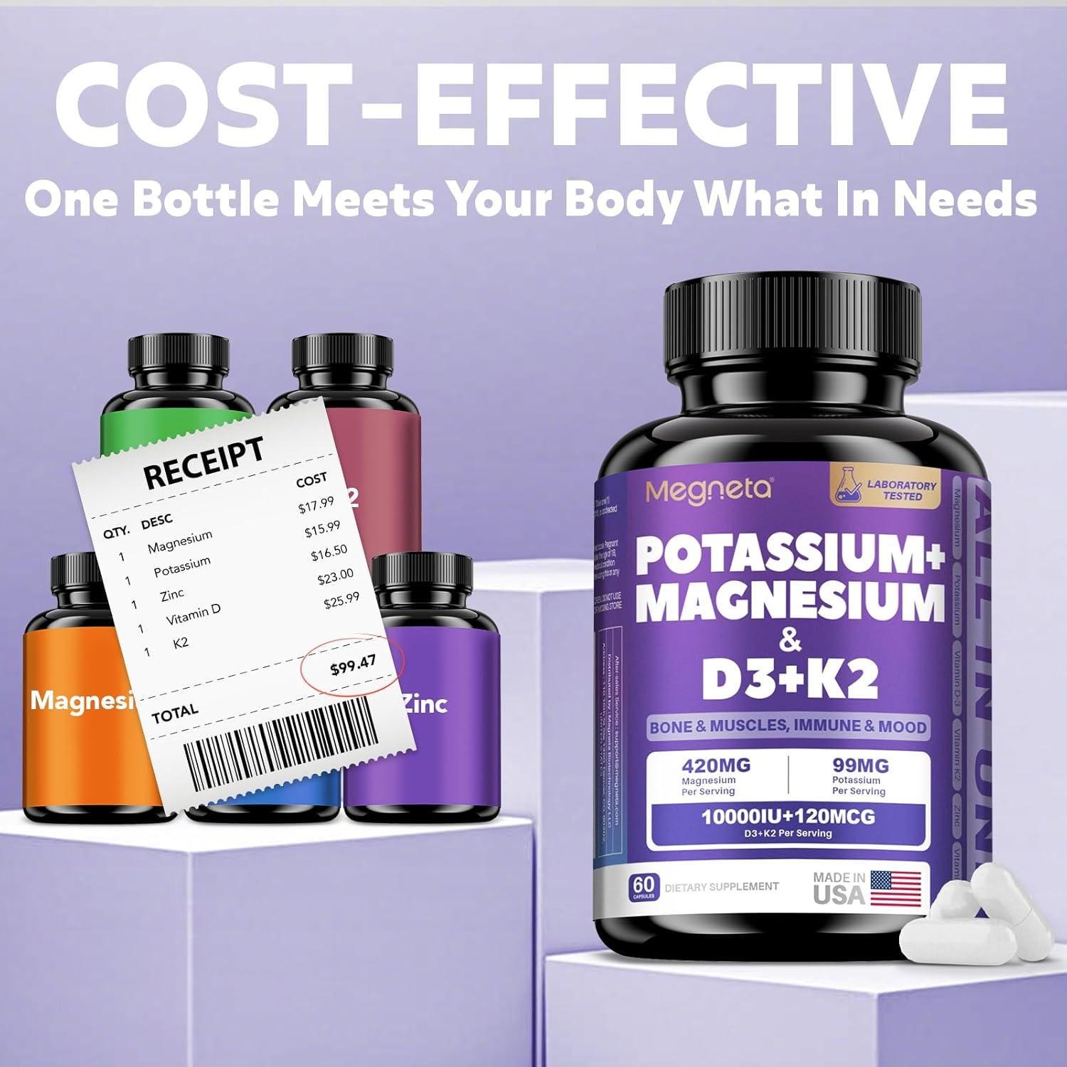 Suplemento de Magnesio, Potasio, D3 y K2 MEGNETA - 60 Cápsulas