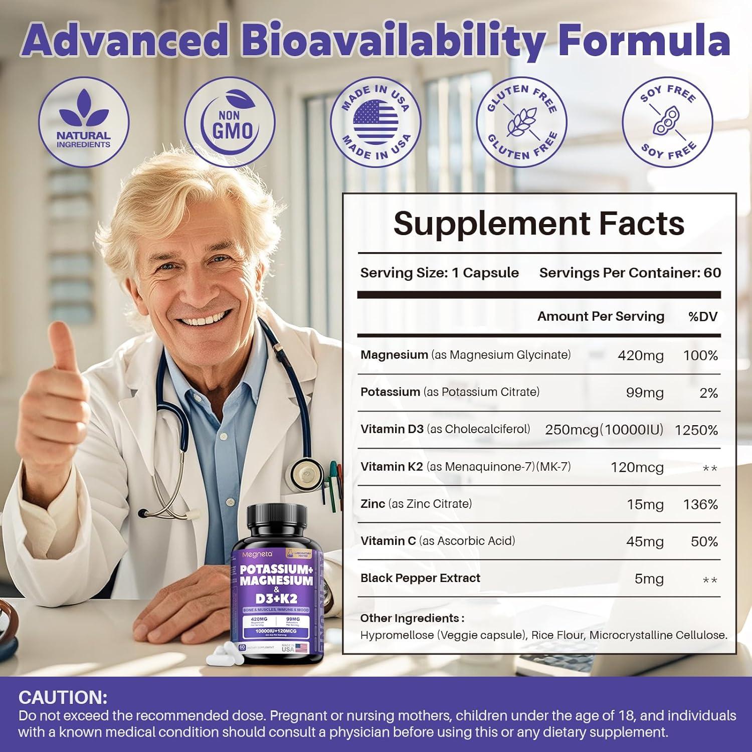 Suplemento de Magnesio, Potasio, D3 y K2 MEGNETA - 60 Cápsulas