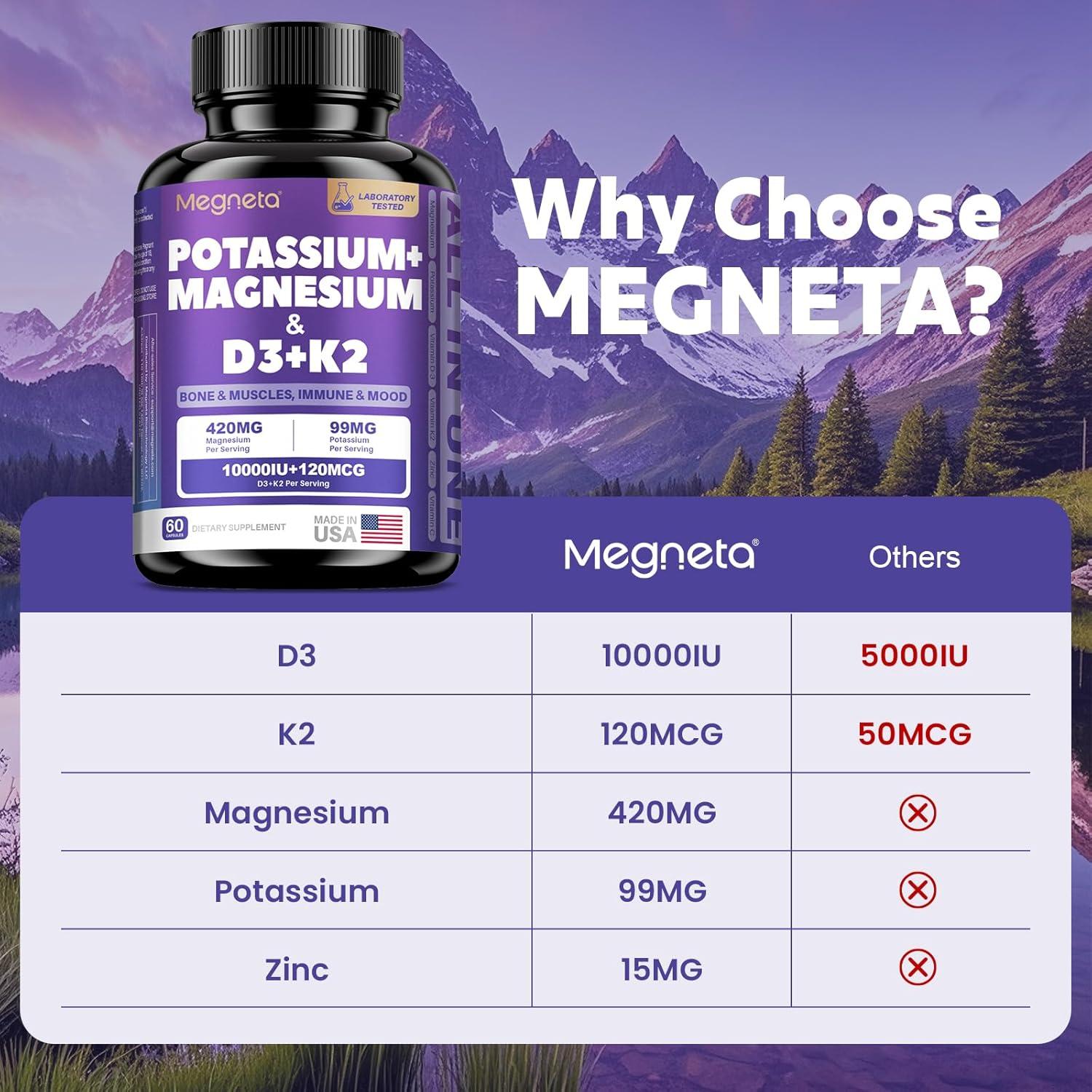 Suplemento de Magnesio, Potasio, D3 y K2 MEGNETA - 60 Cápsulas