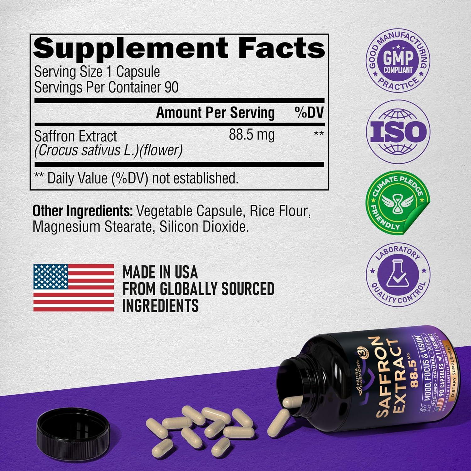 Suplemento de Azafrán Nutra Harmony 90 Cápsulas Veganas 88.5 mg