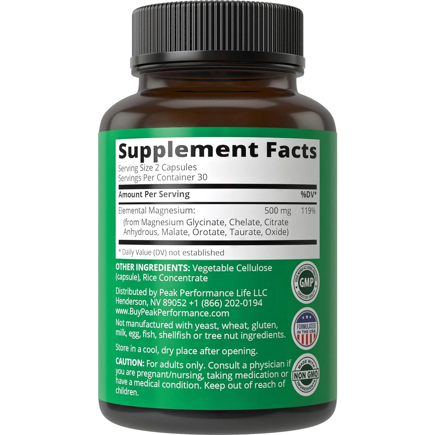 Glicinato de Magnesio 500mg Peak Performance - 7 Formas en 2 Cápsulas