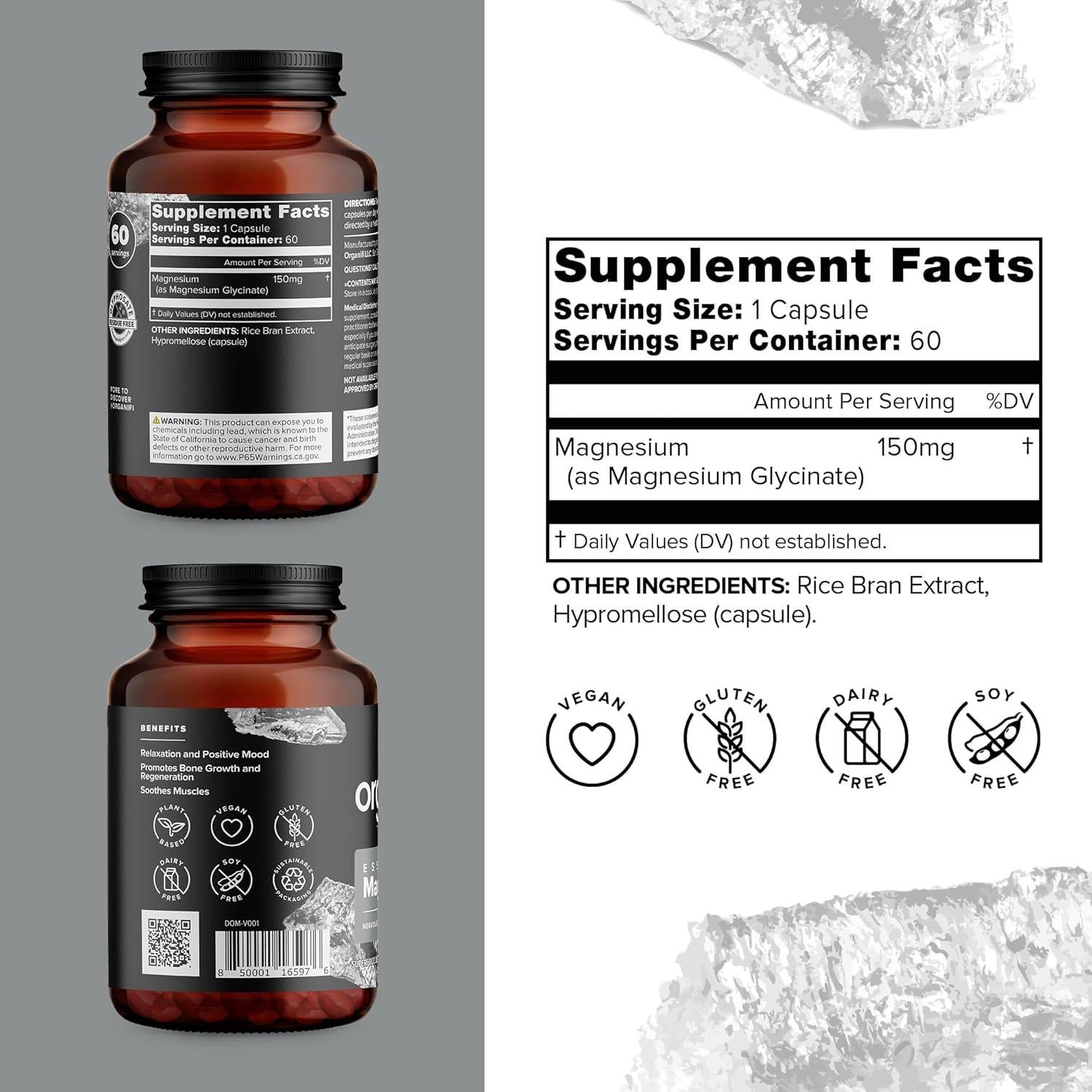 Suplemento de Magnesio Glicinato Organifi 150mg 60 Cápsulas Veganas