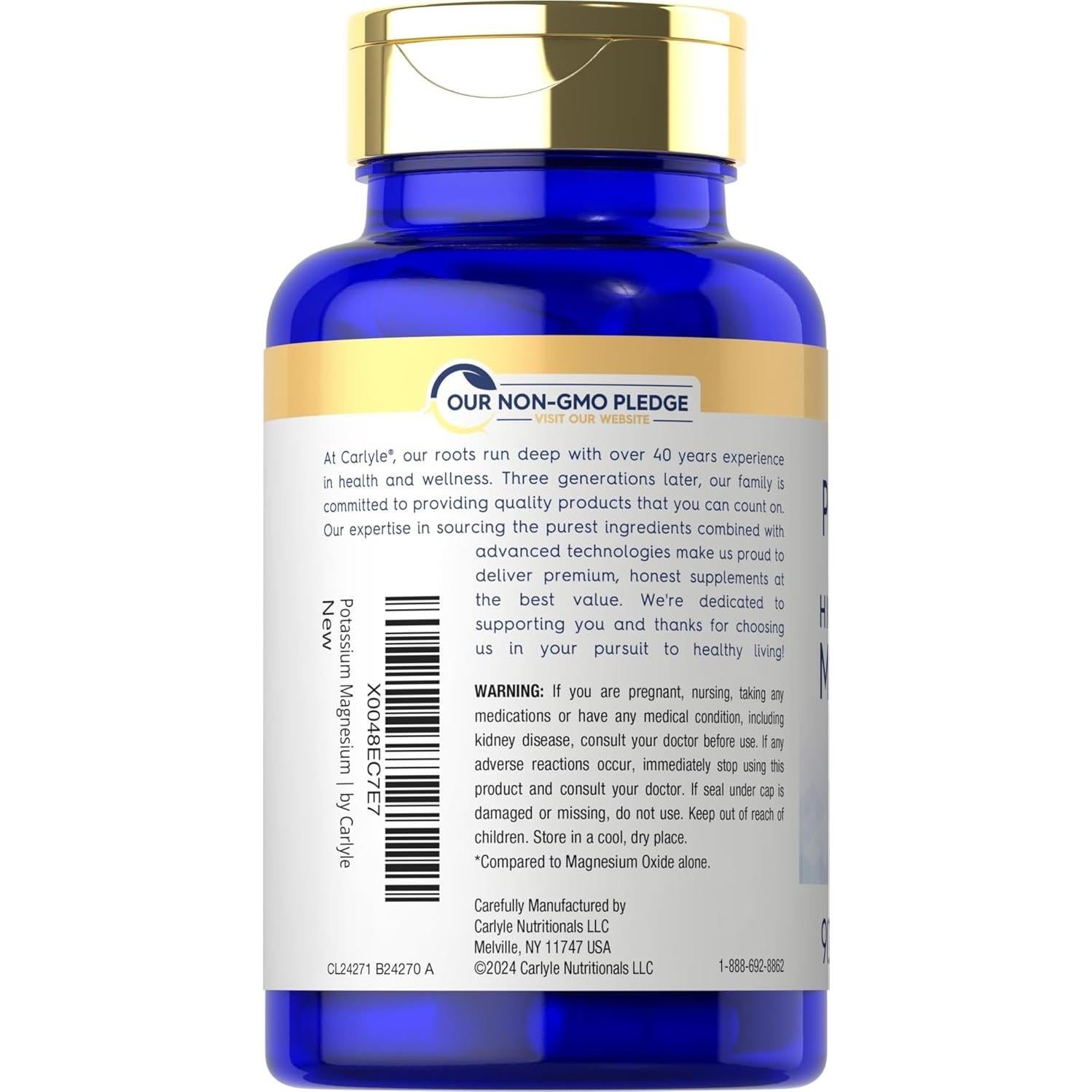 Suplemento de Potasio y Magnesio Carlyle | 90 Cápsulas Vegetarianas | Sin Gluten