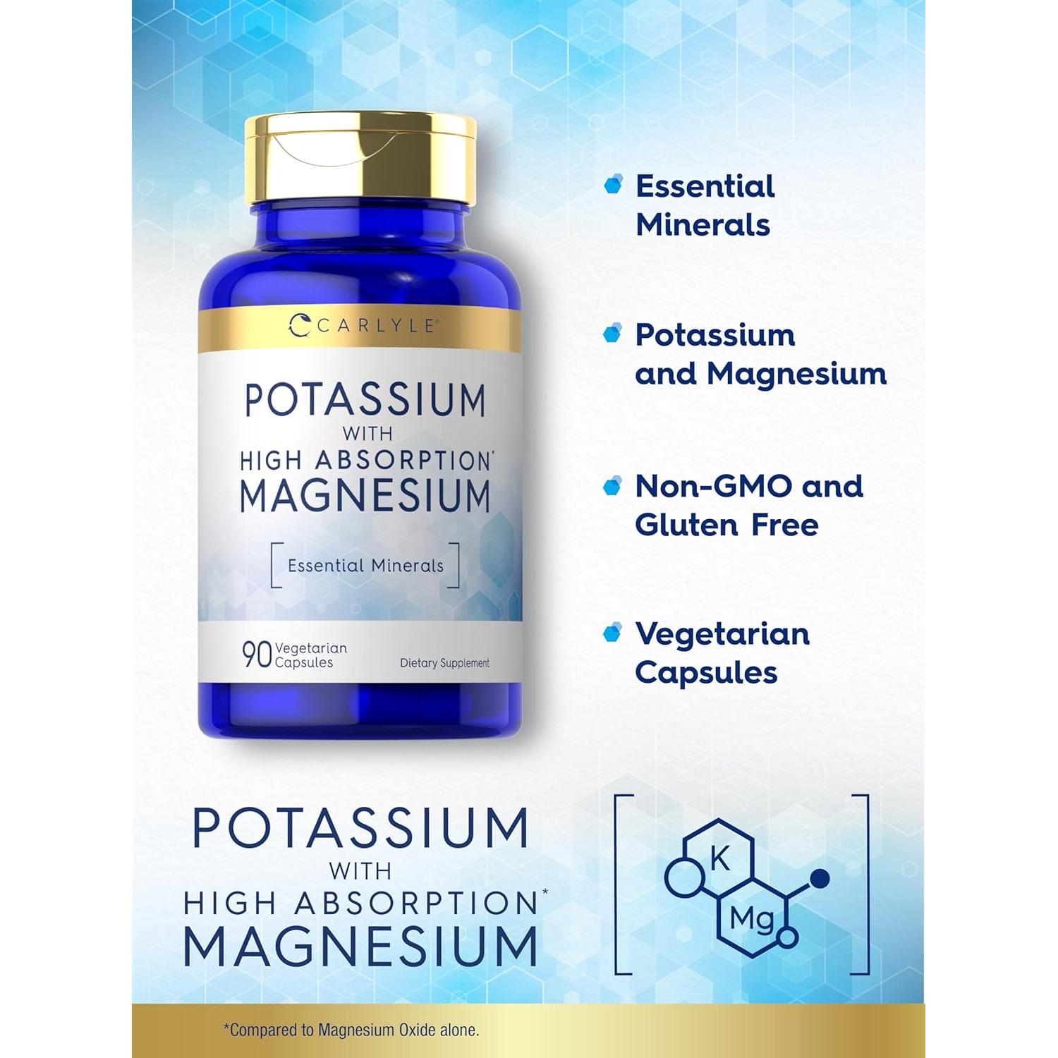 Suplemento de Potasio y Magnesio Carlyle | 90 Cápsulas Vegetarianas | Sin Gluten