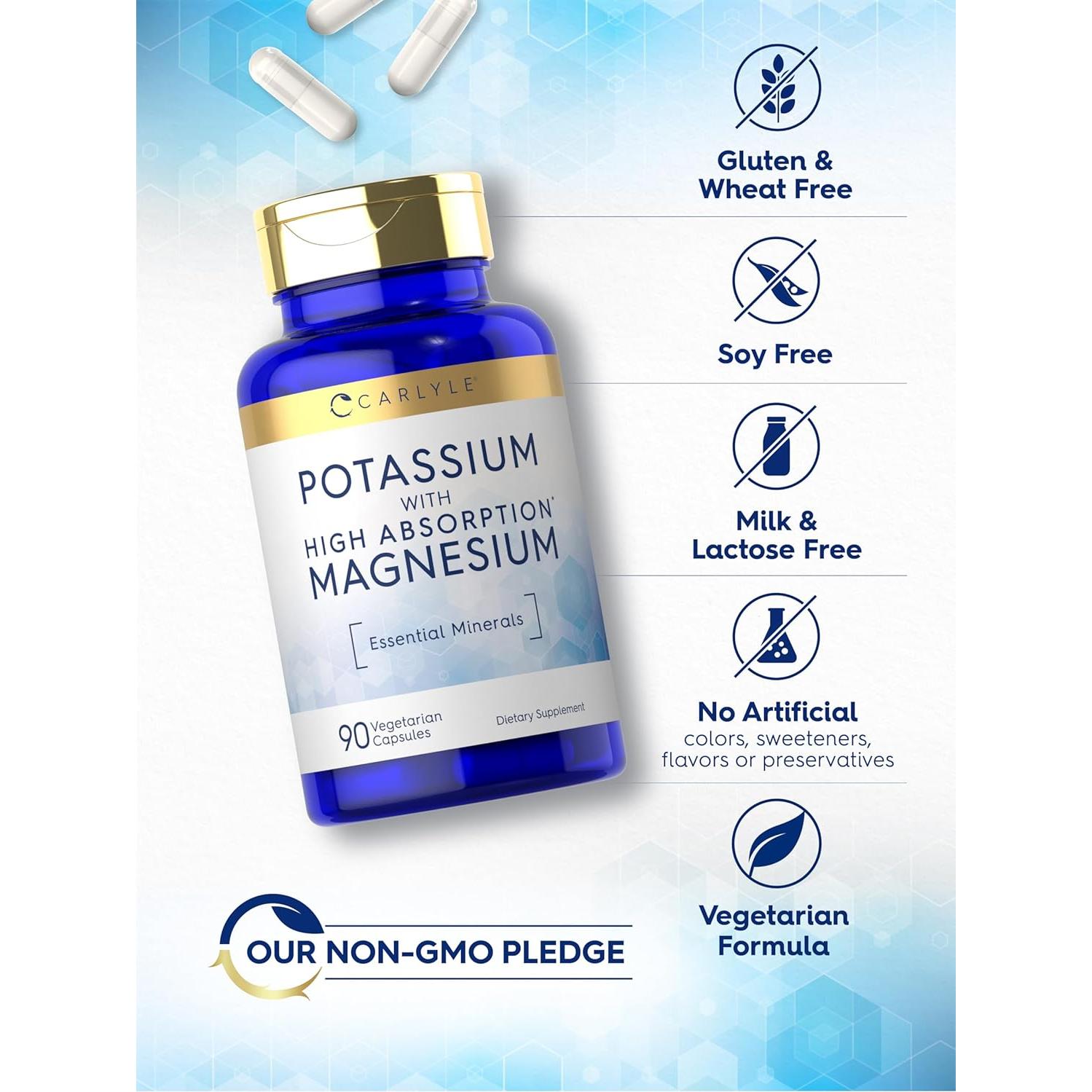 Suplemento de Potasio y Magnesio Carlyle | 90 Cápsulas Vegetarianas | Sin Gluten