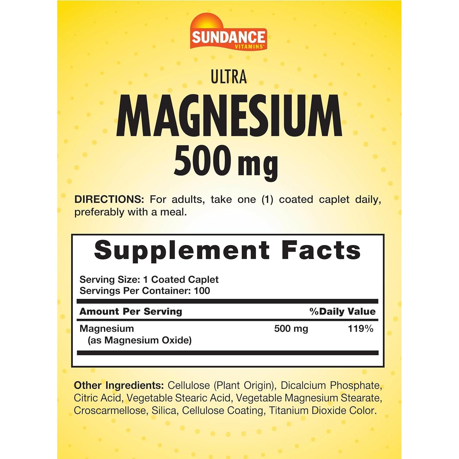 Suplemento de Magnesio Sundance 500mg Óxido 100 Tabletas Vegetariano