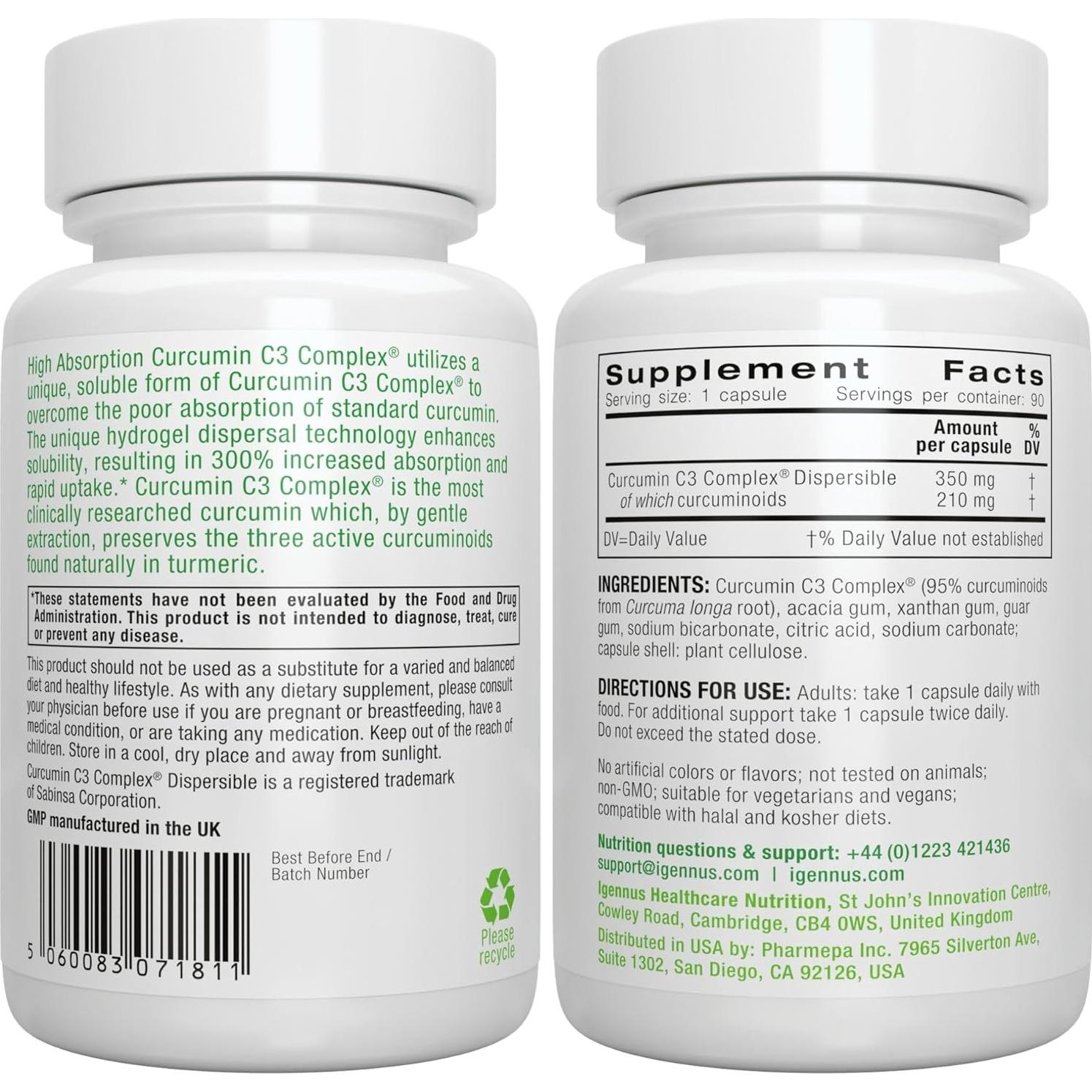 Suplemento de Curcumina Avanzada Igennus 90 Cápsulas 300% Absorción