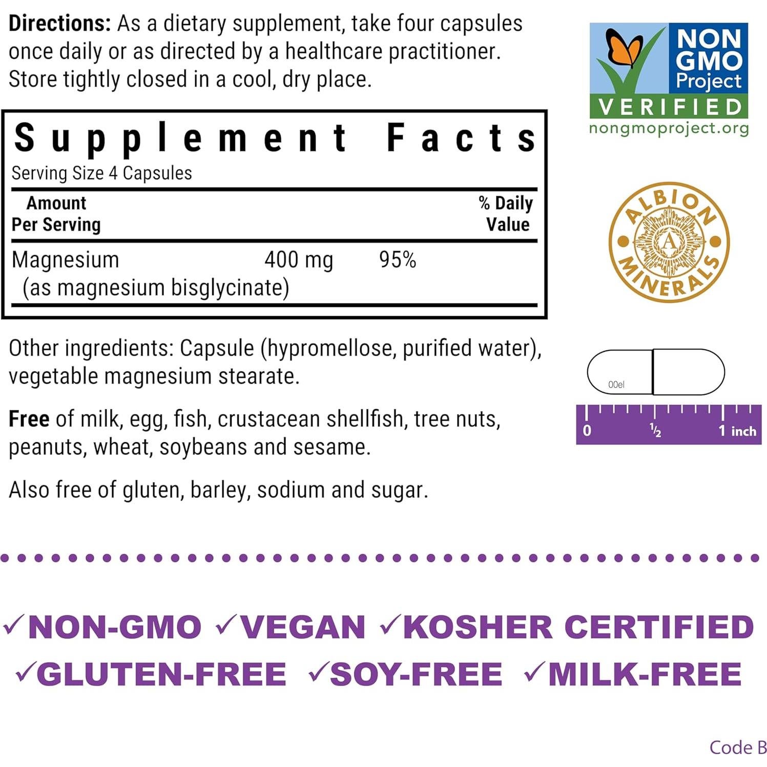 Glicinato de Magnesio Bluebonnet 400mg 120 Cápsulas Vegetales