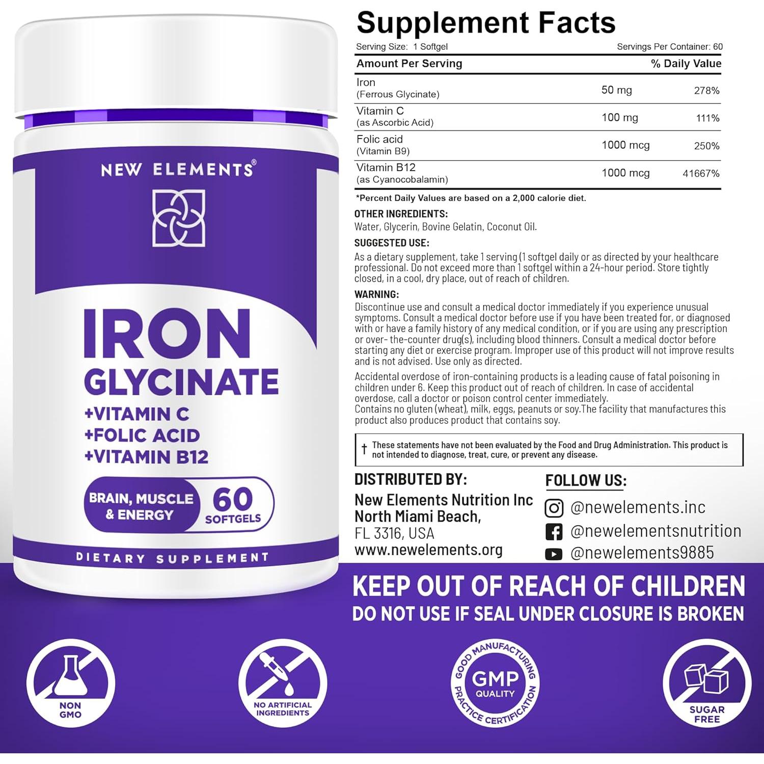 Glicinato de Hierro 50mg + Vitamina C y B12 - Suplemento Avanzado