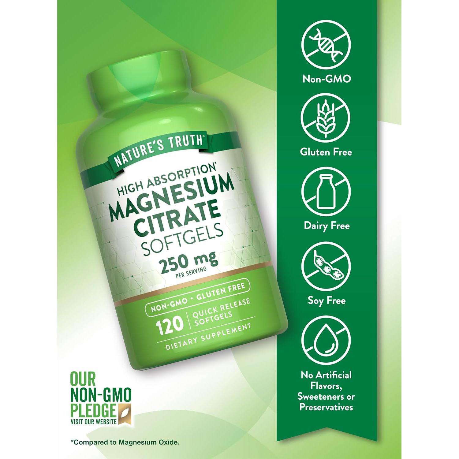 Suplemento de Citrato de Magnesio Nature's Truth 250mg 120 Gelblandos