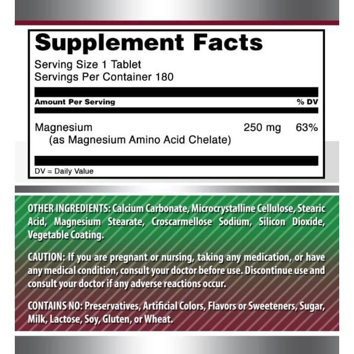 Suplemento de Magnesio Quelado Amazing Formulas 250 Mg 180 Tabletas