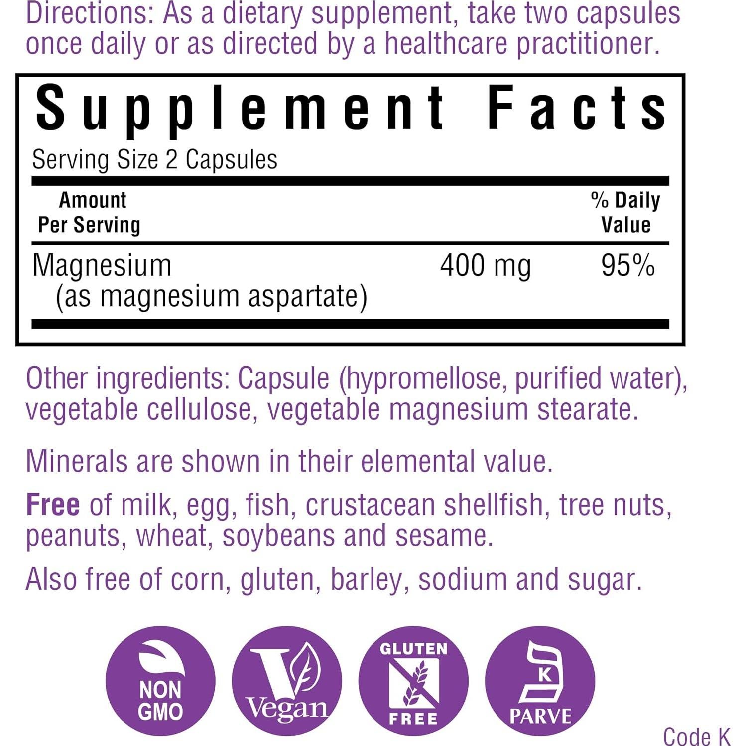 Suplemento de Magnesio Chelado Bluebonnet 400 mg - 200 Cápsulas Veganas