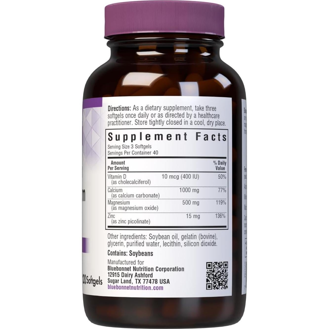 Calcio Magnesio Zinc + Vitamina D3 Bluebonnet 120 Gelatinas