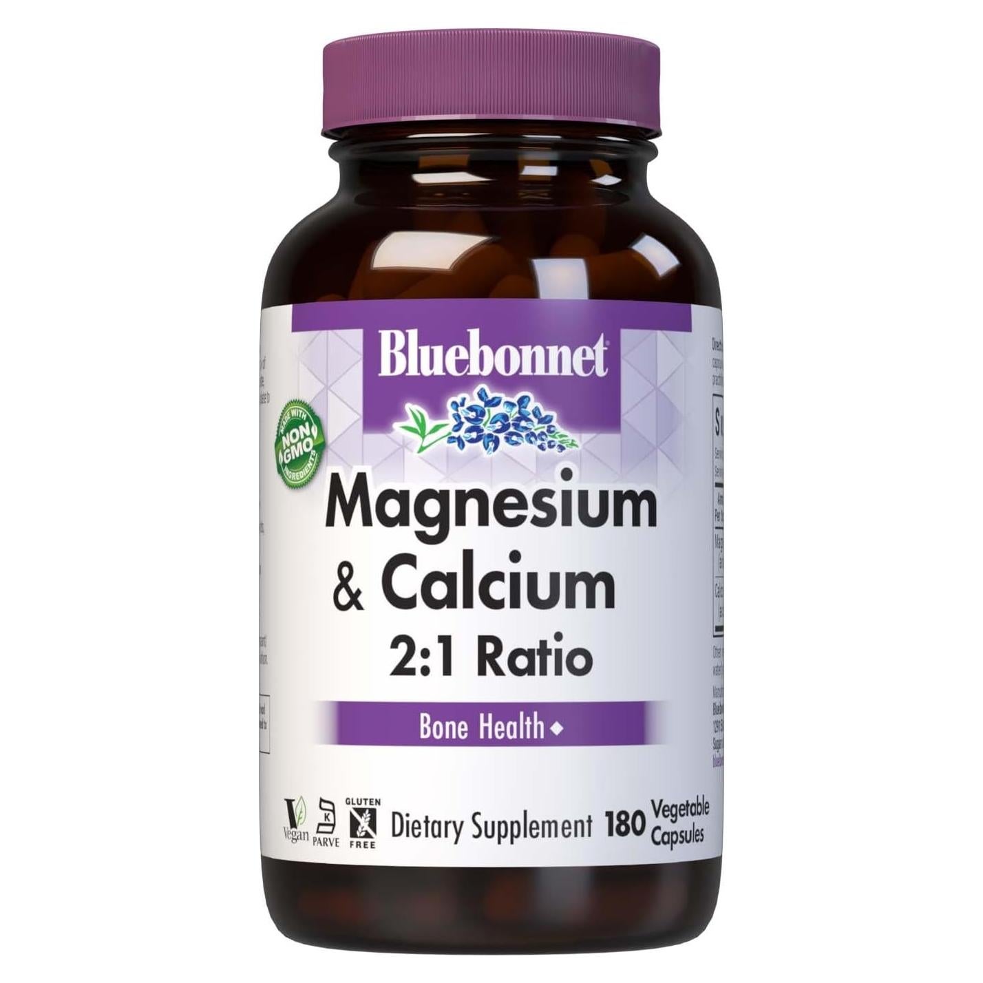 Cápsulas Vegetales Bluebonnet Magnesio y Calcio 180 Unidades