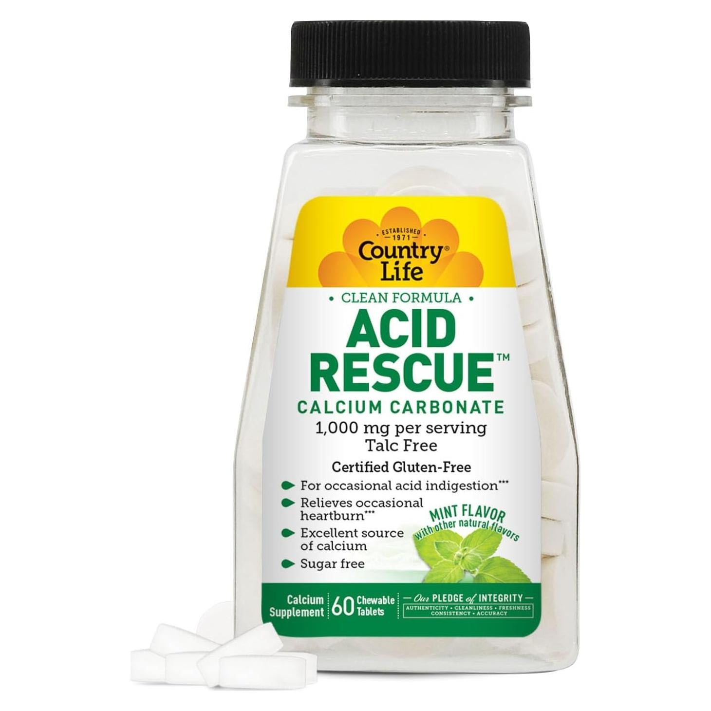 Tabletas Masticables Country Life Acid Rescue 60 Unidades - Alivio de Acidez y Salud Ósea, 400mg Calcio y Magnesio, Veganas