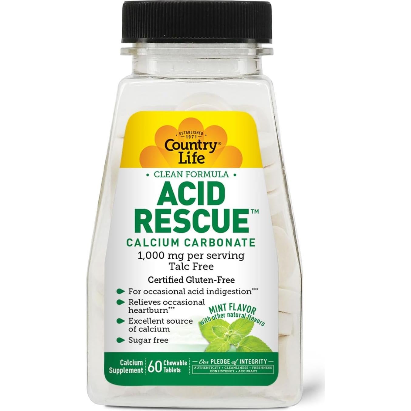 Tabletas Masticables Country Life Acid Rescue 60 Unidades - Alivio de Acidez y Salud Ósea, 400mg Calcio y Magnesio, Veganas