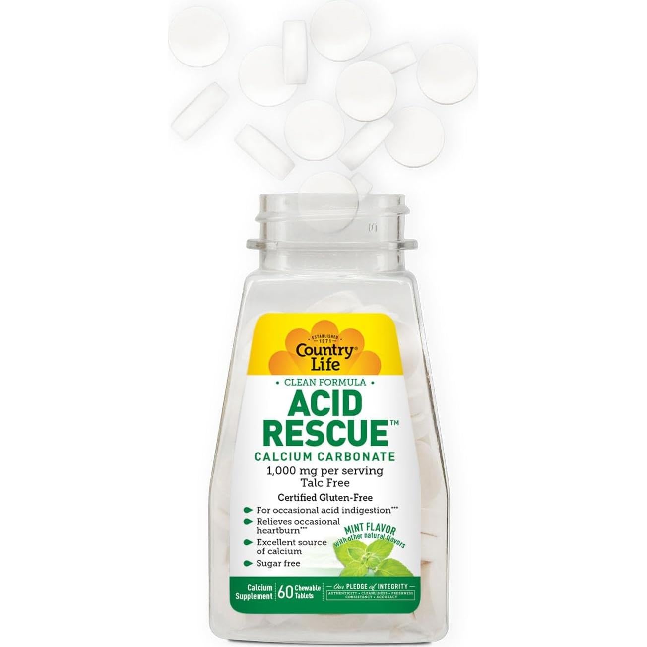Tabletas Masticables Country Life Acid Rescue 60 Unidades - Alivio de Acidez y Salud Ósea, 400mg Calcio y Magnesio, Veganas
