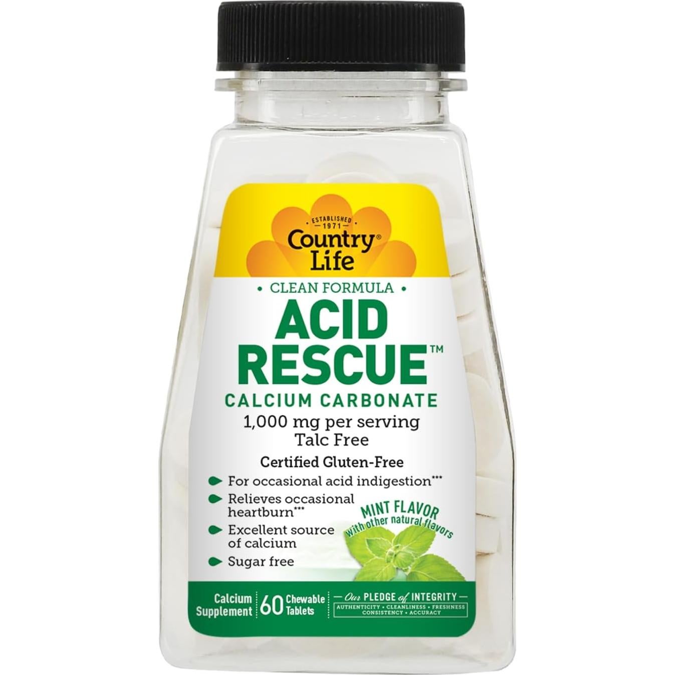 Tabletas Masticables Country Life Acid Rescue 60 Unidades - Alivio de Acidez y Salud Ósea, 400mg Calcio y Magnesio, Veganas