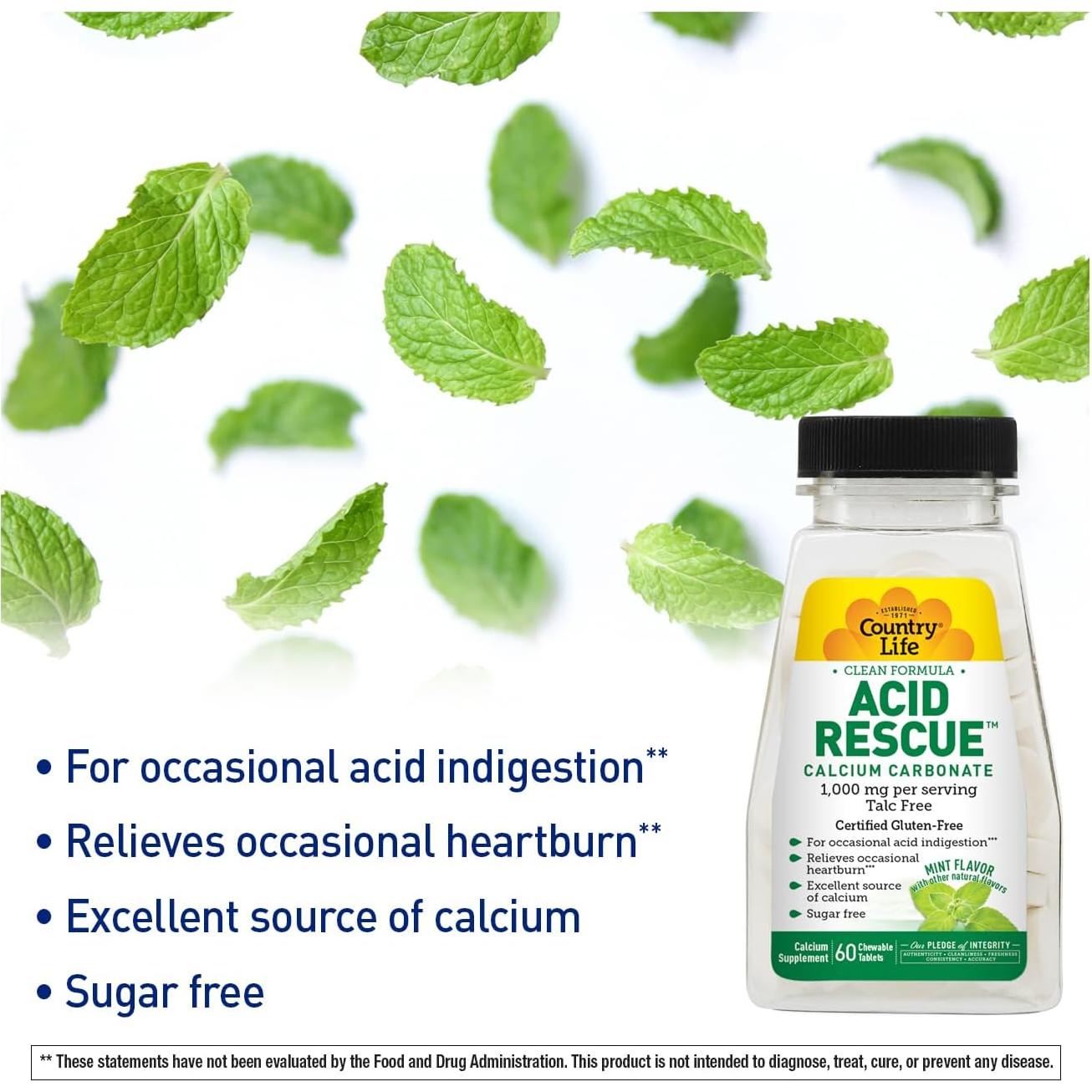 Tabletas Masticables Country Life Acid Rescue 60 Unidades - Alivio de Acidez y Salud Ósea, 400mg Calcio y Magnesio, Veganas