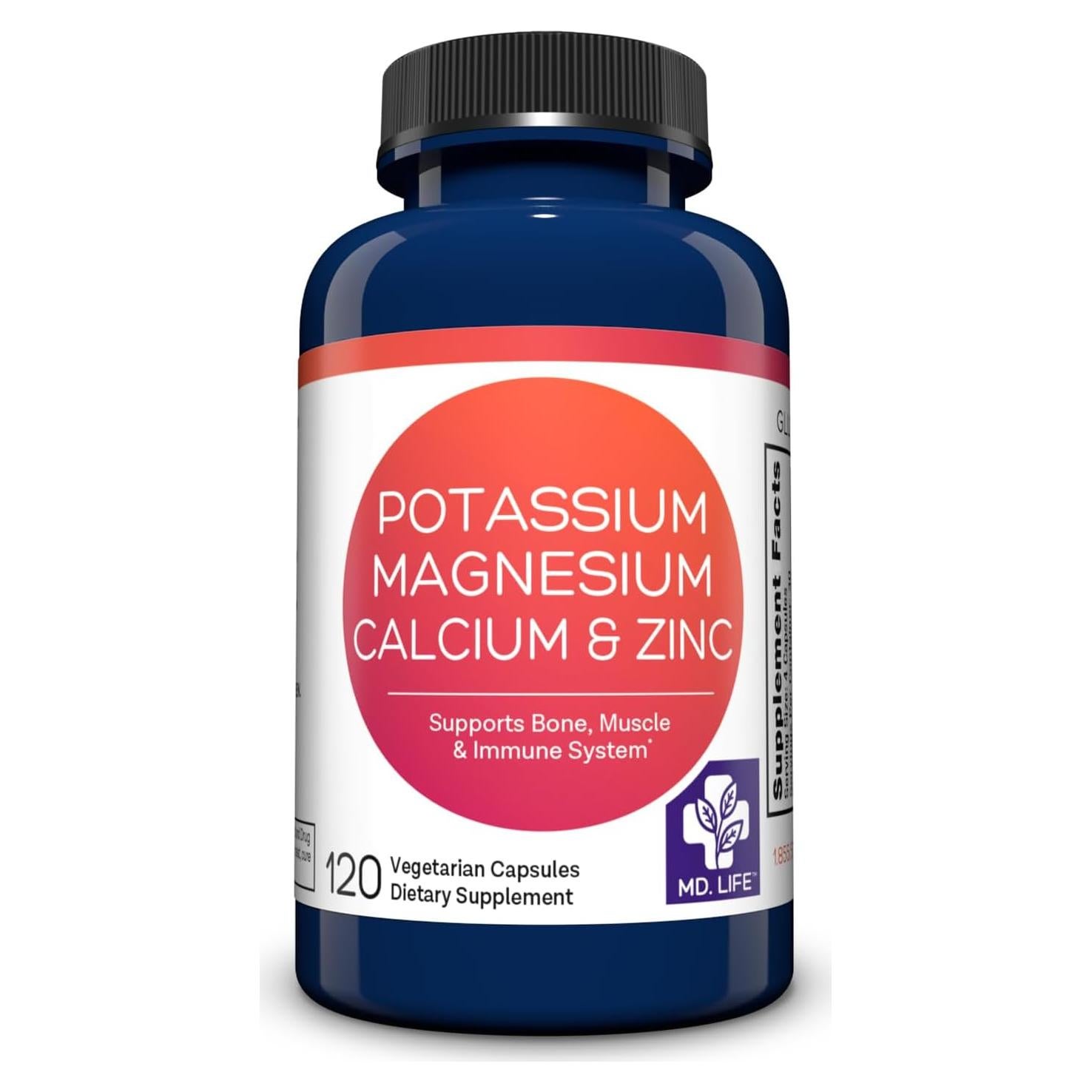 Suplemento de Potasio Magnesio Zinc Calcio MD. Life - 120 Cápsulas