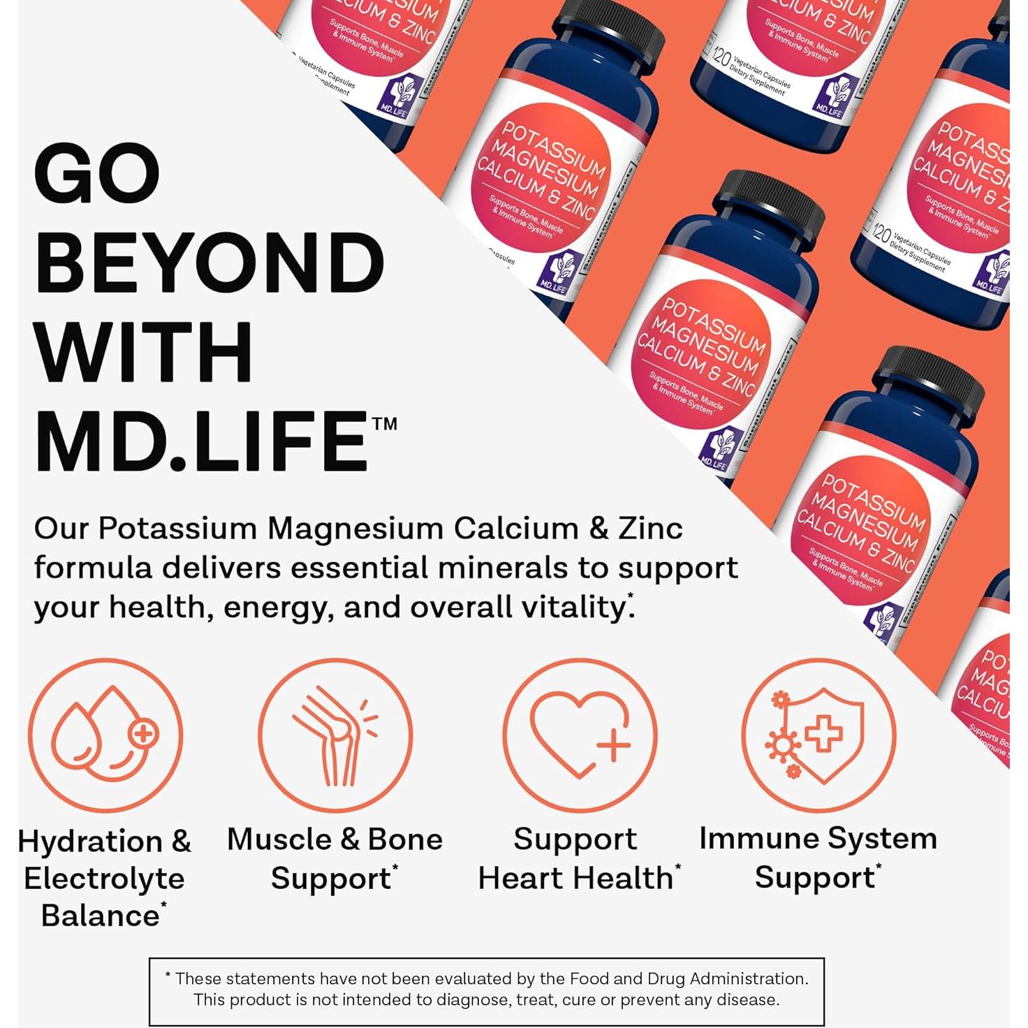 Suplemento de Potasio Magnesio Zinc Calcio MD. Life - 120 Cápsulas