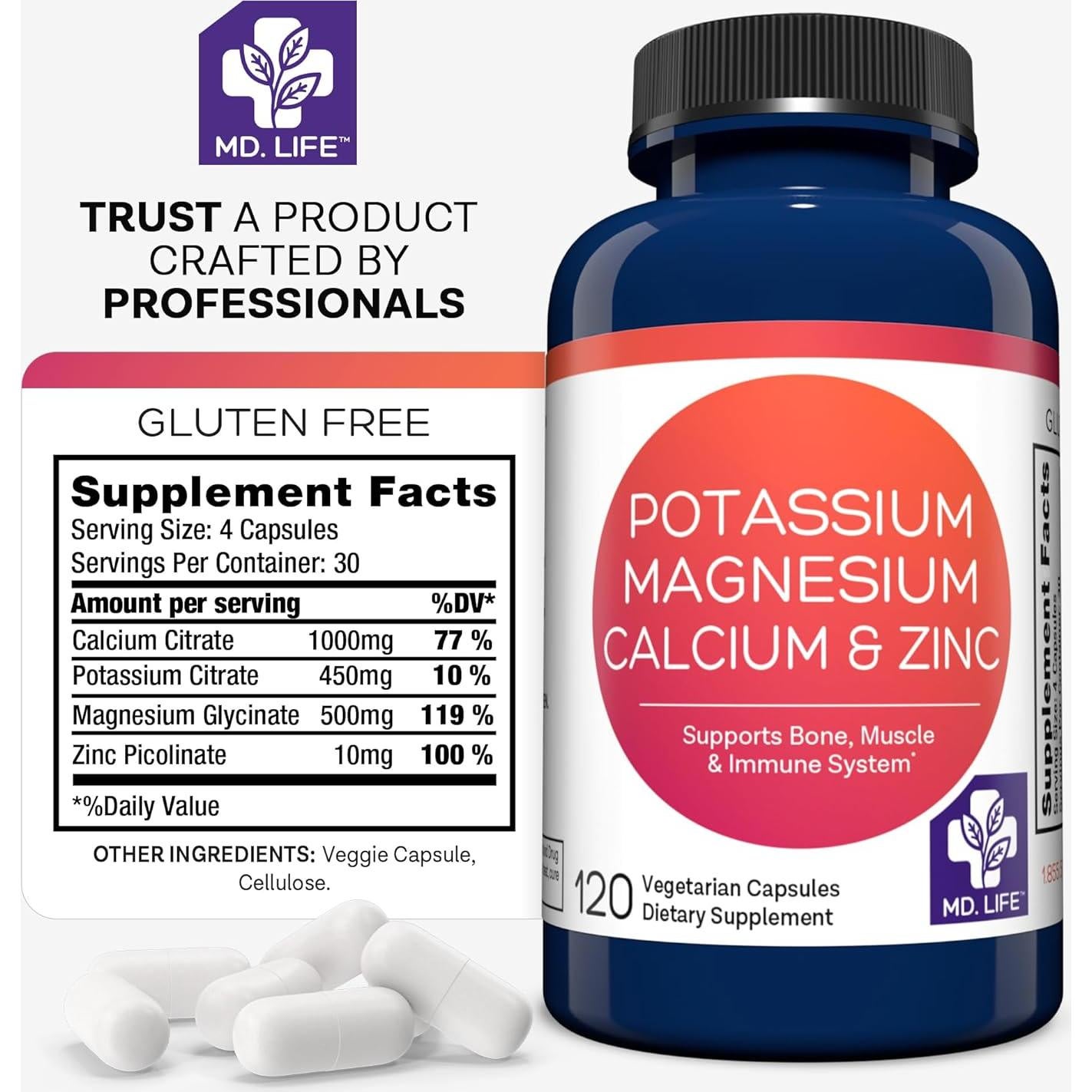 Suplemento de Potasio Magnesio Zinc Calcio MD. Life - 120 Cápsulas