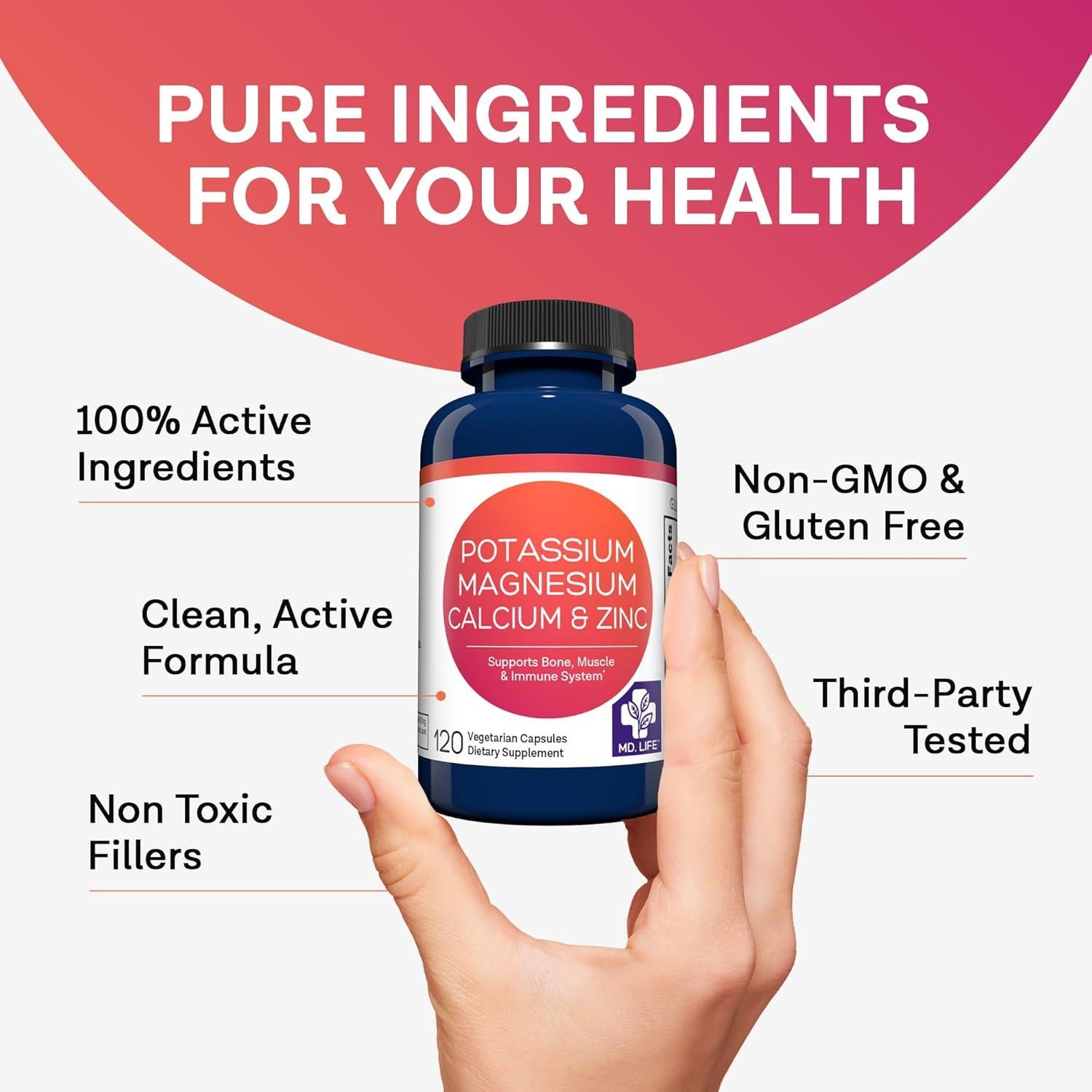 Suplemento de Potasio Magnesio Zinc Calcio MD. Life - 120 Cápsulas