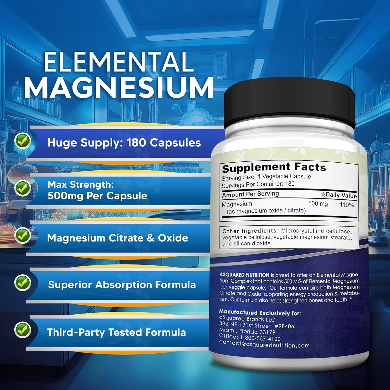 Suplemento de Magnesio 500mg aSquared - 180 Cápsulas Vegetales