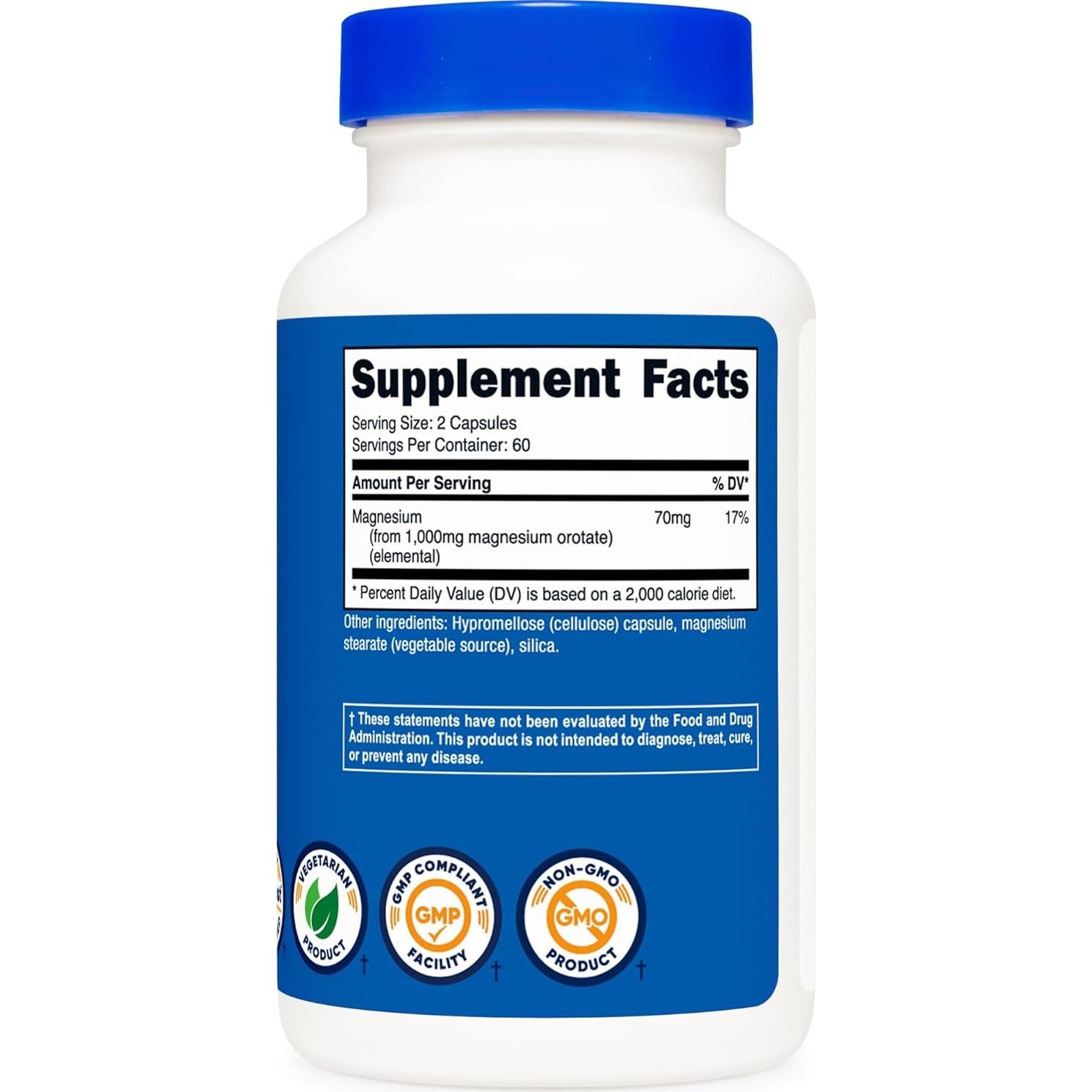 Cápsulas de Orotato de Magnesio Nutricost 1000mg 120 Caps