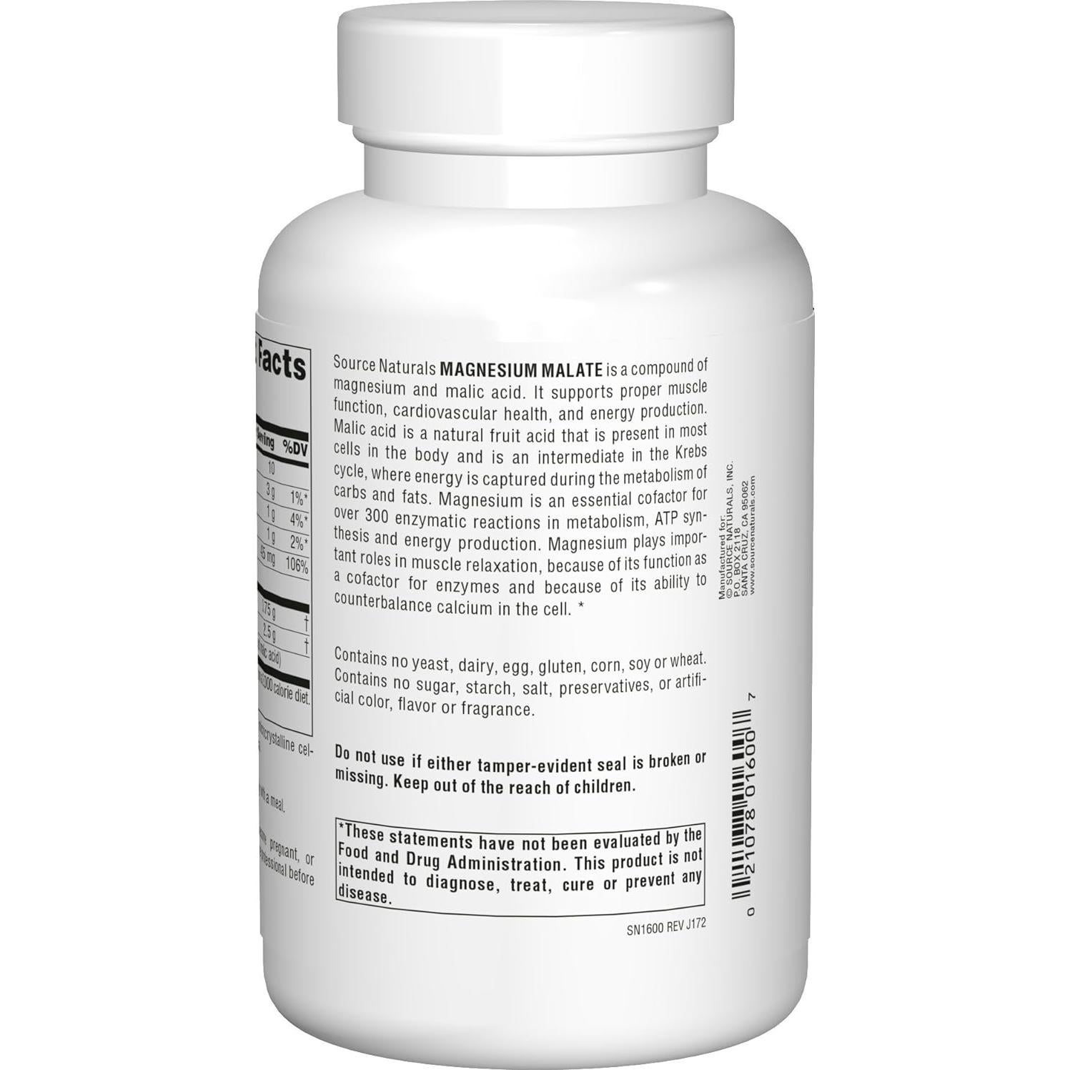 Suplemento de Malato de Magnesio Source Naturals 625mg - 200 Cápsulas