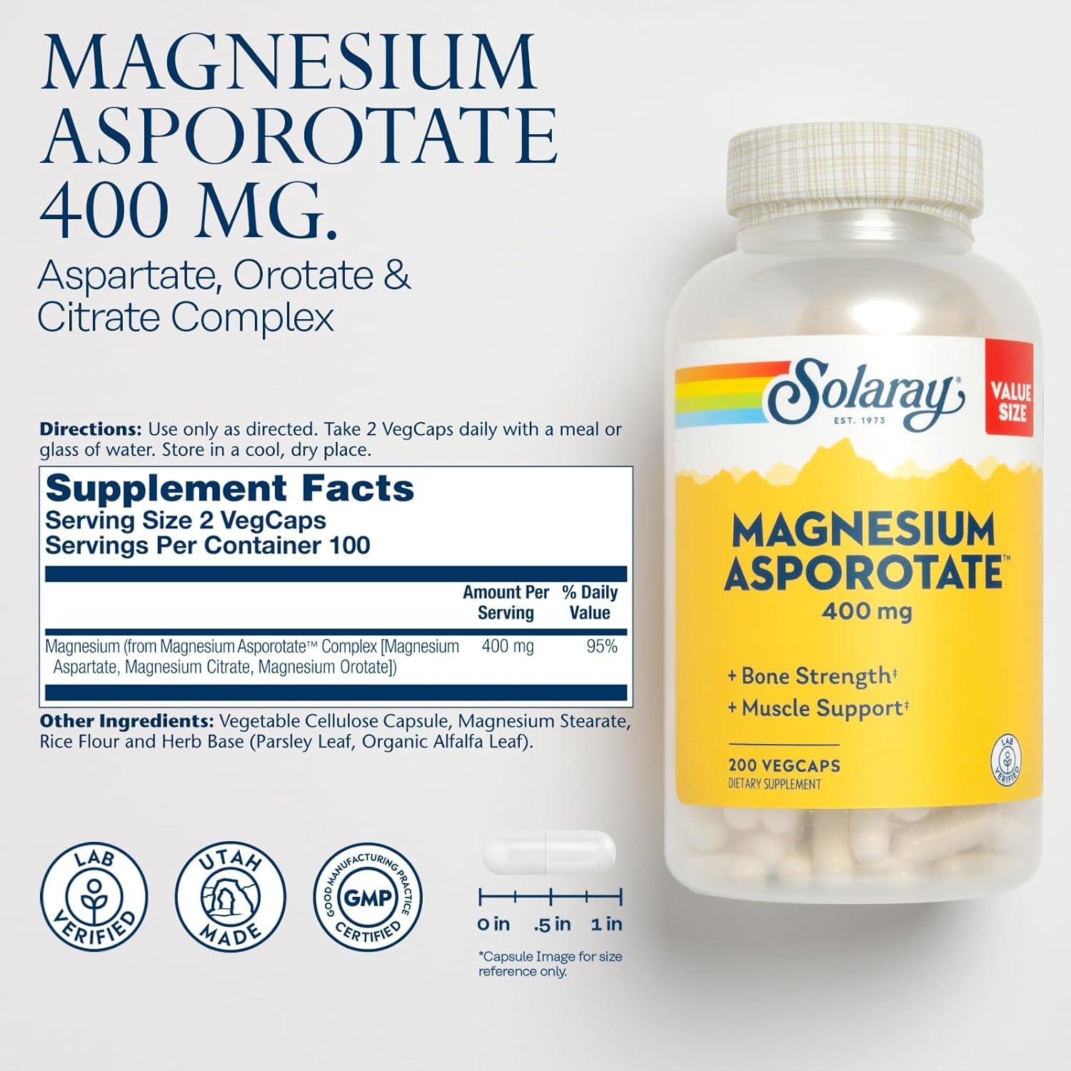 Suplemento de Magnesio Asporotato Solaray 400 mg - Alta Absorción
