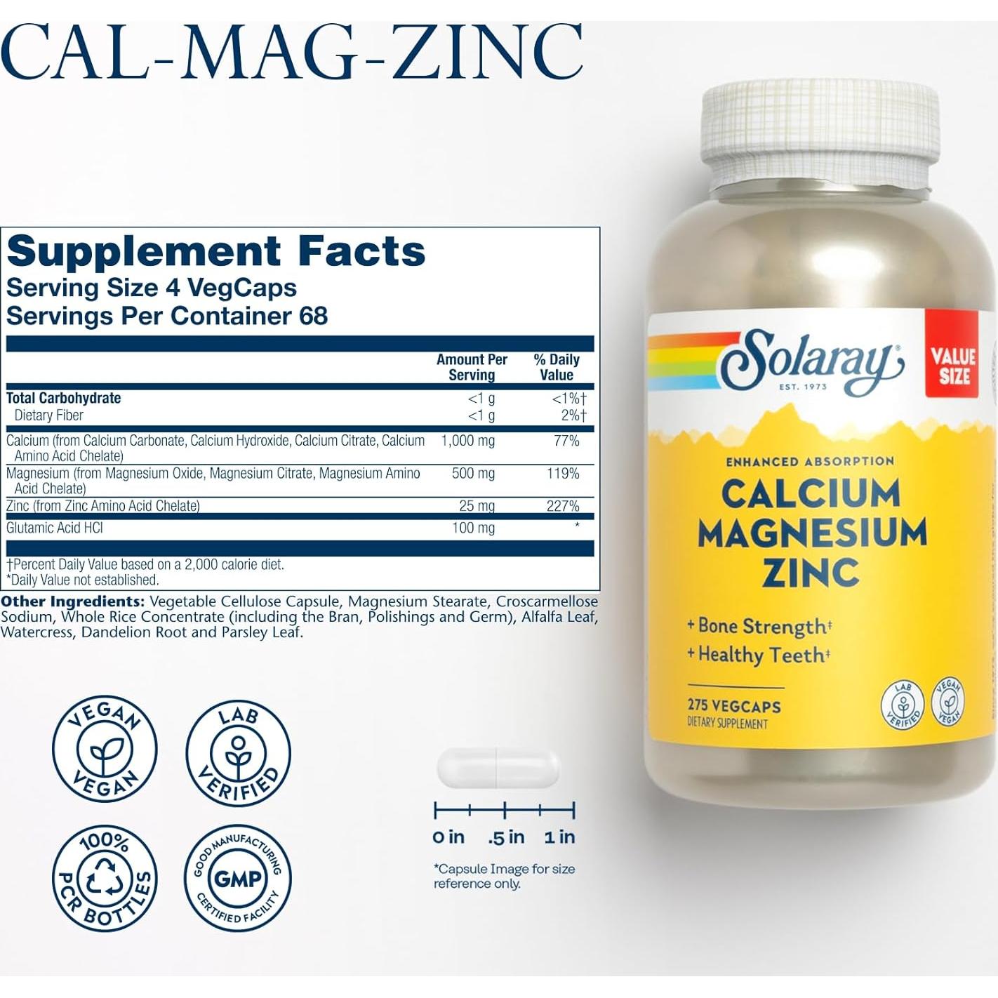 Suplemento Calcio Magnesio Zinc Solaray 1000mg 500mg 275 VegCaps