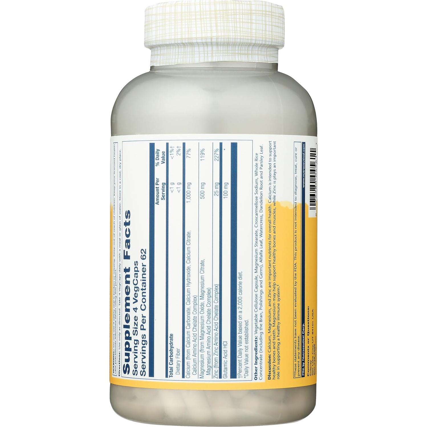 Cápsulas de Calcio, Magnesio y Zinc Solaray - 250 Unidades