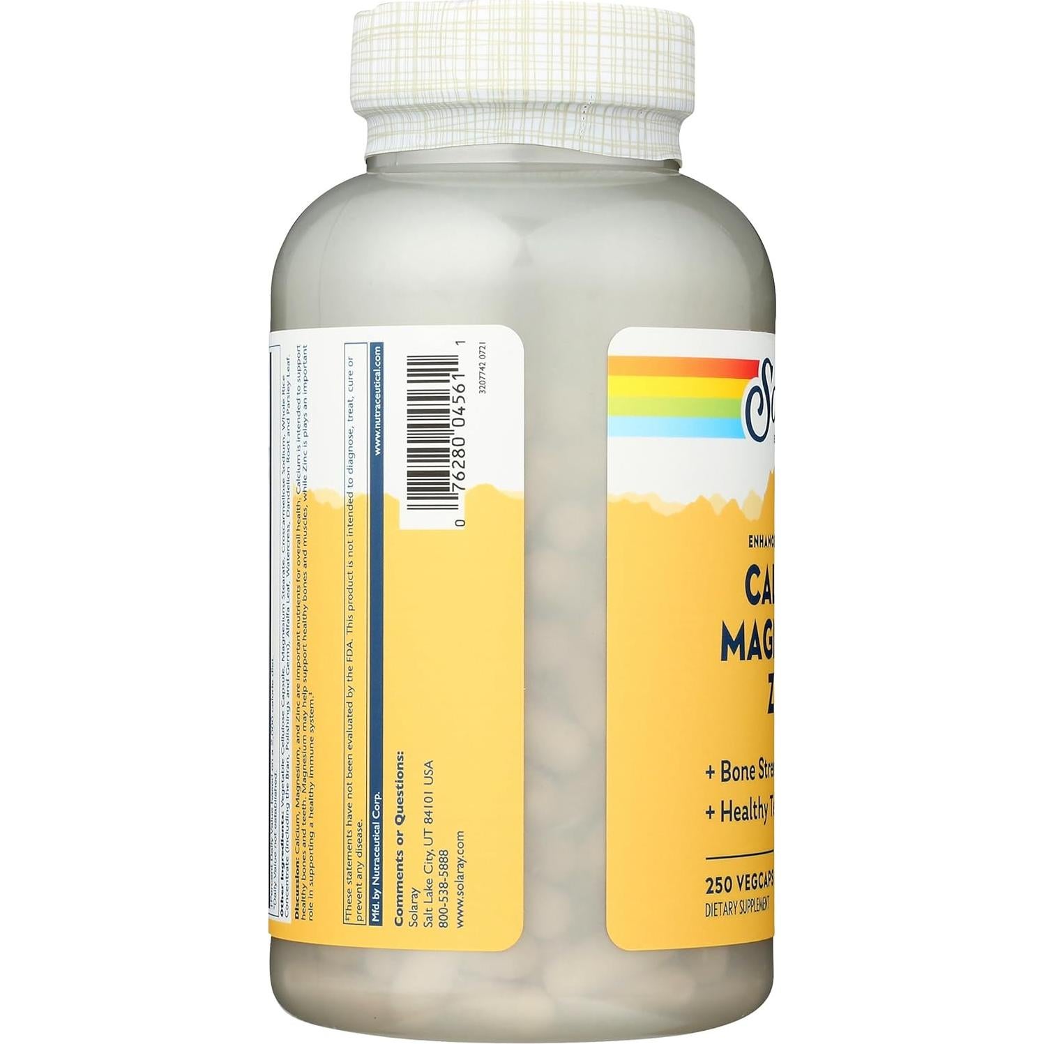 Cápsulas de Calcio, Magnesio y Zinc Solaray - 250 Unidades