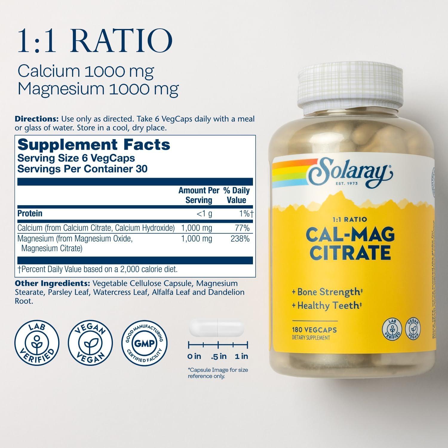 Solaray Citrato de Calcio y Magnesio 180 VegCaps 1000mg