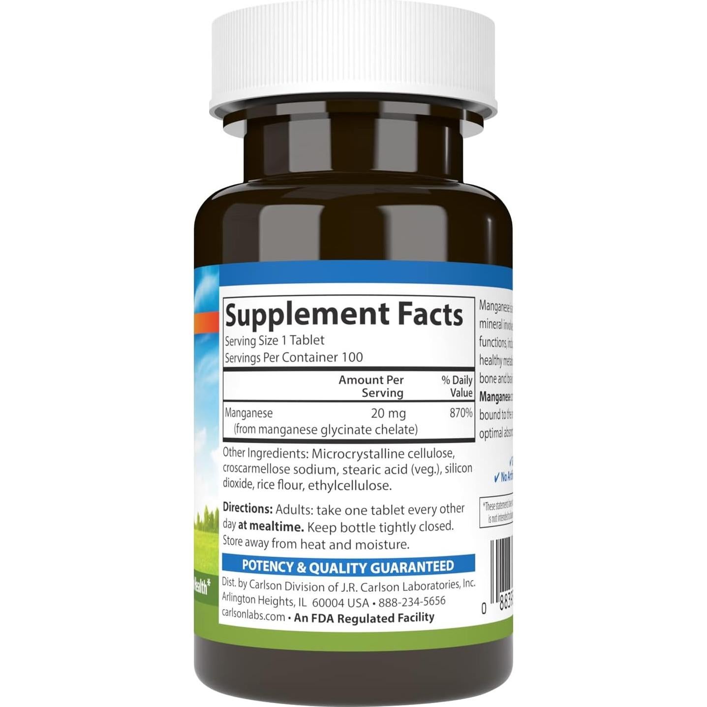 Suplemento de Manganeso Quelado Carlson 20 mg - 100 Tabletas