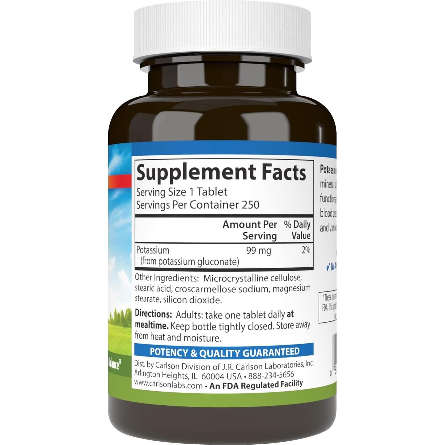 Suplemento de Potasio Carlson 99 mg - 250 Tabletas Salud Muscular